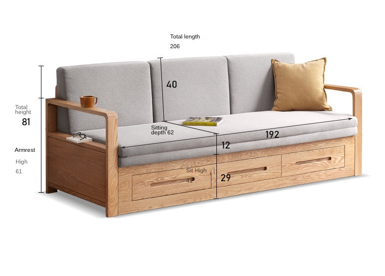 Oak Solid Wood Folding Storage Sofa Bed - Convertible Guest Bed & Space-Saving Furniture for Small Apartments, Living Rooms & Dorm Rooms