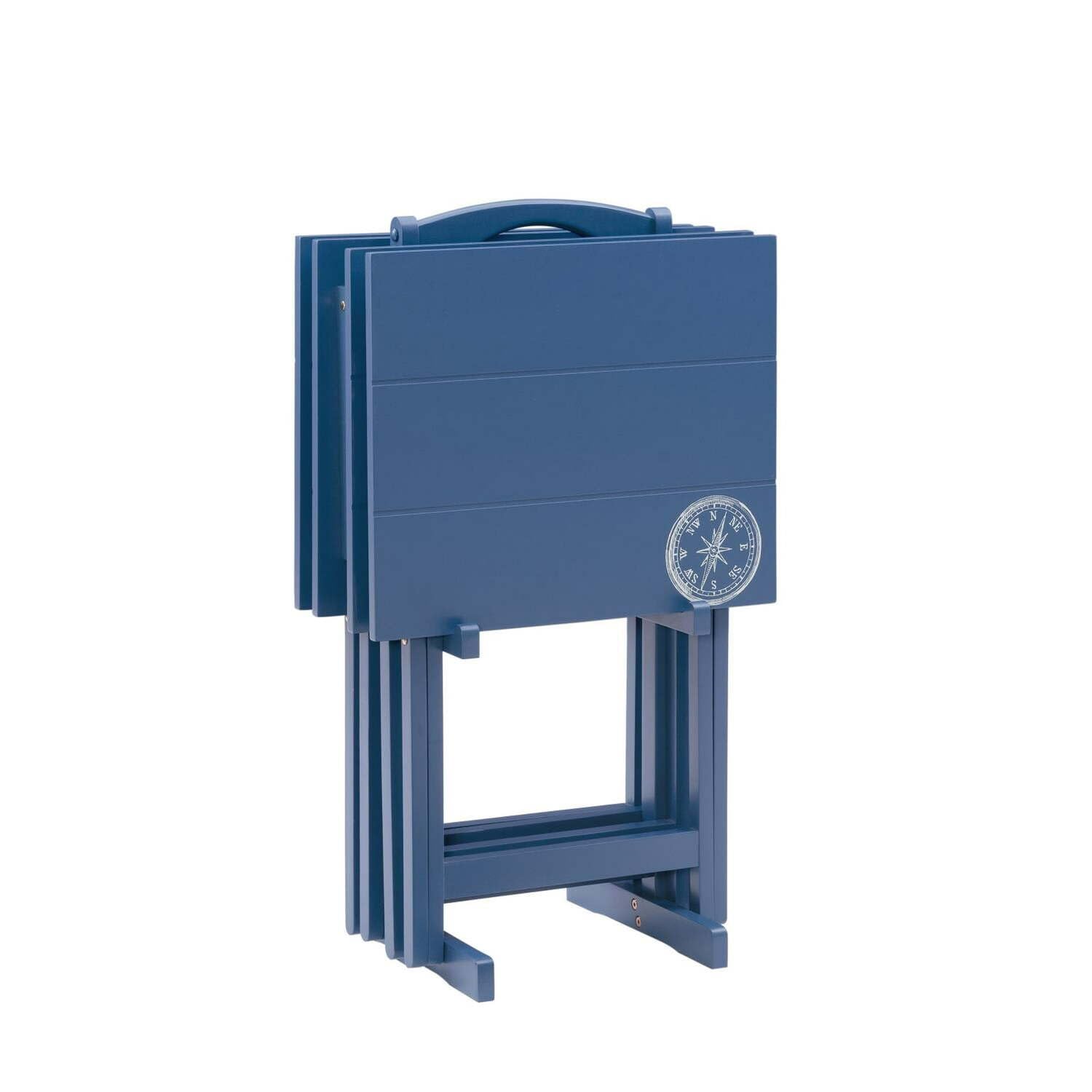 Linon Compass Tray Table Set - Navy Blue Side Table with Wheels for Living Room, Bedroom, Office | Portable End Table for Coffee, Snacks, Books & Decor
