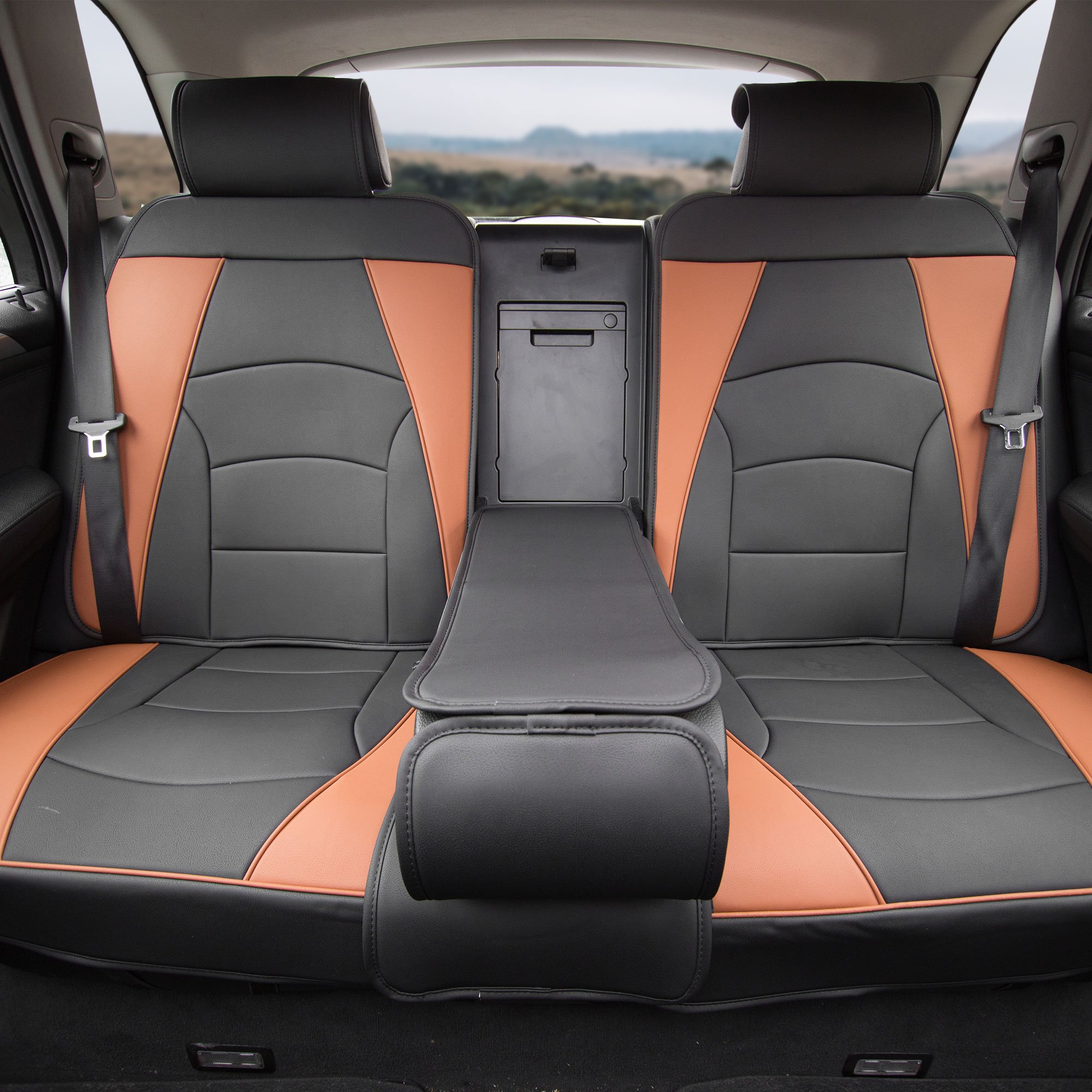Premium Faux Leather Car Seat Cover for Back Seat - Universal Fit, Split Bench Design, SUV/Sedan/Van Compatible - Brown & Black - Protect & Upgrade Your Car Interior for Daily Commute, Road Trips & Family Travel