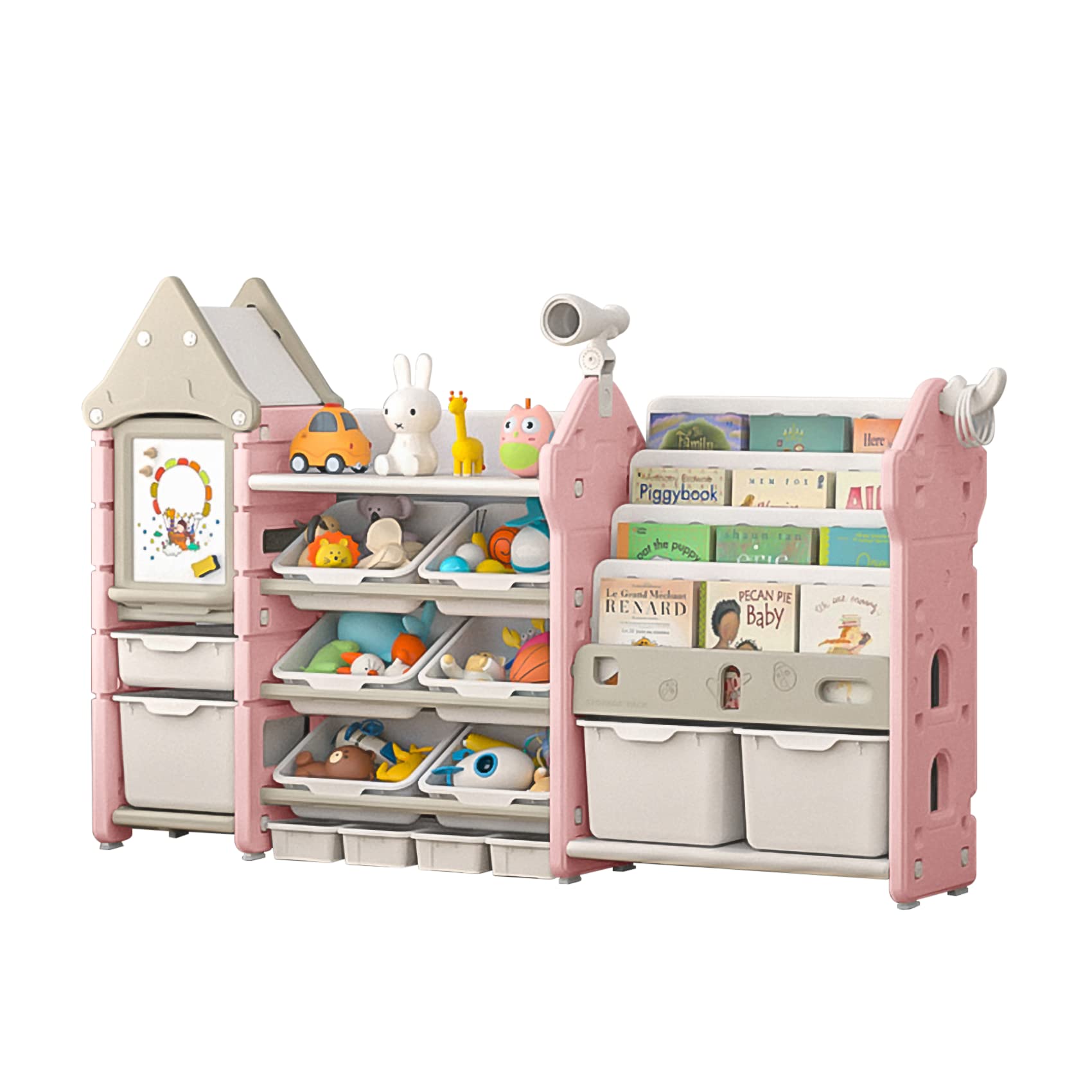 UNICOO Kids Toy Storage Organizer with 14 Bins & Pull-Out Drawers - Multifunctional Bookshelf for Toddlers to Organize Toys, Books, Clothes (Pink Magic Castle Design) - Perfect for Nursery, Playroom & Bedroom Organization