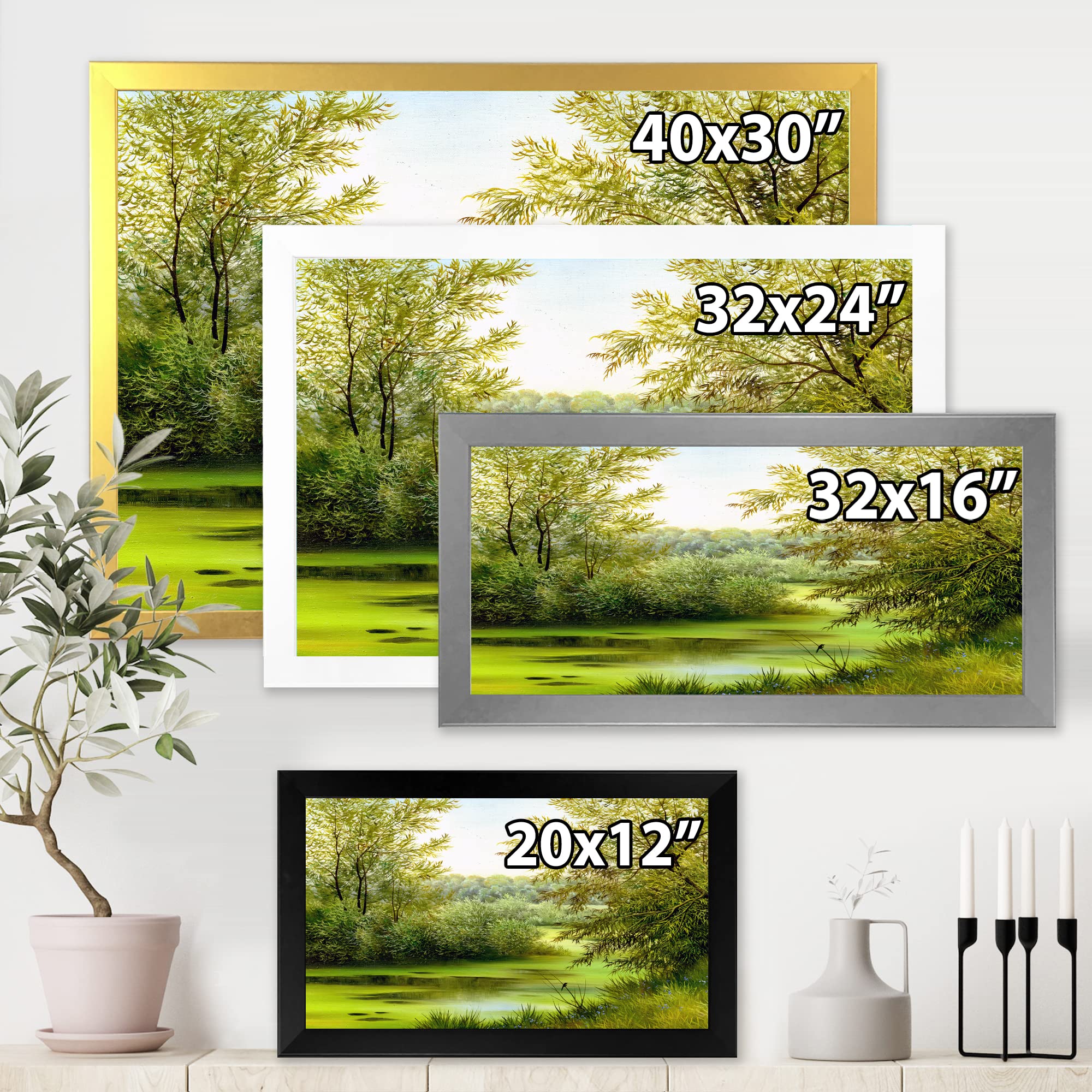 DesignQ Green Pond with Spring Trees Country Framed Wall Art - Nature Landscape Canvas Painting for Living Room, Bedroom & Office Decor
