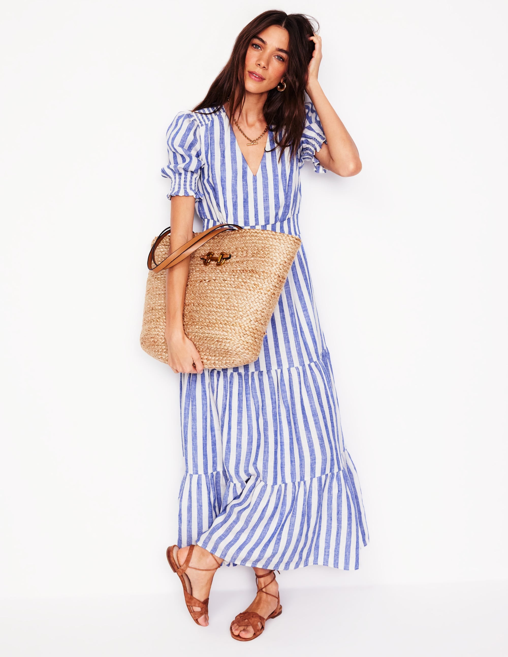 Anna Linen Tiered Midi Dress - Bright Blue Stripe Flowy Summer Dress for Women, Beach Vacation & Casual Outings
