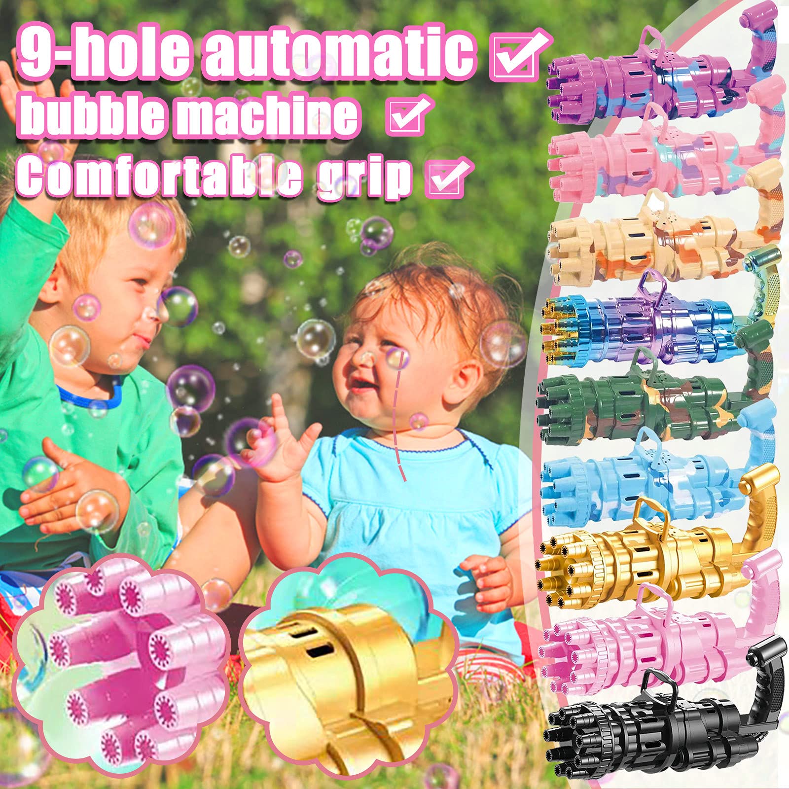 Automatic 9-Hole Bubble Blaster Gun - High Capacity Bubble Machine for Kids, Boys & Girls | Outdoor Summer Toys, Birthday Gifts | Perfect for Backyard Parties, Park Play & Beach Fun
