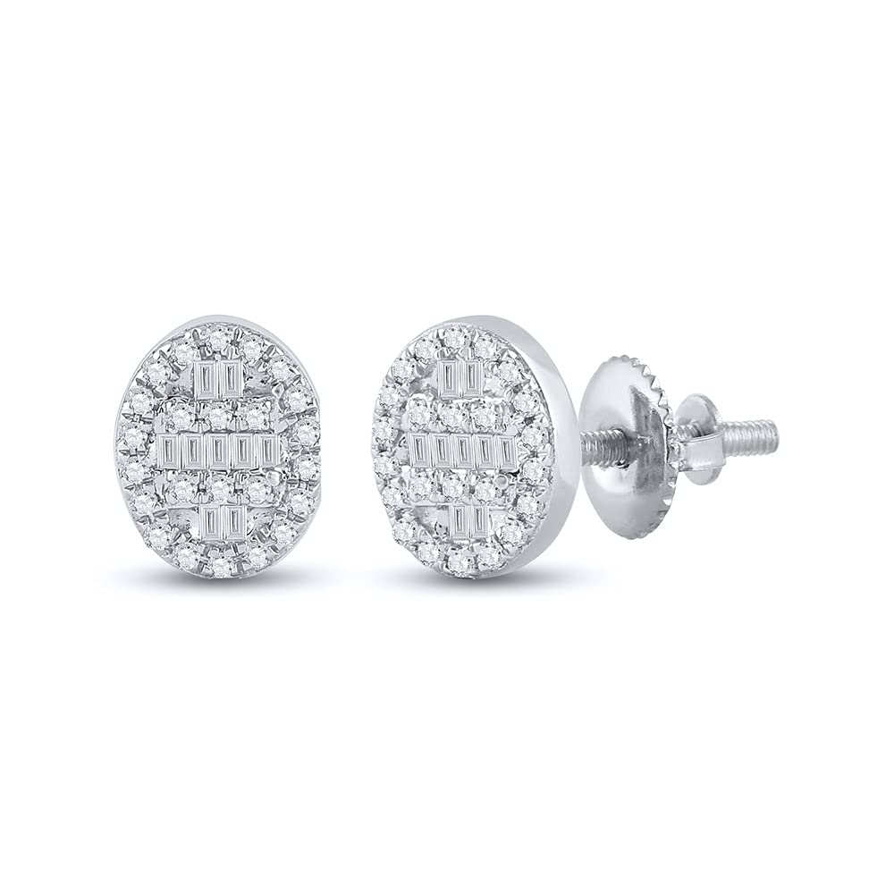 10K White Gold Women's Baguette Diamond Oval Cluster Earrings - 1/4 CTTW | Elegant Wedding, Anniversary & Evening Party Jewelry Gift