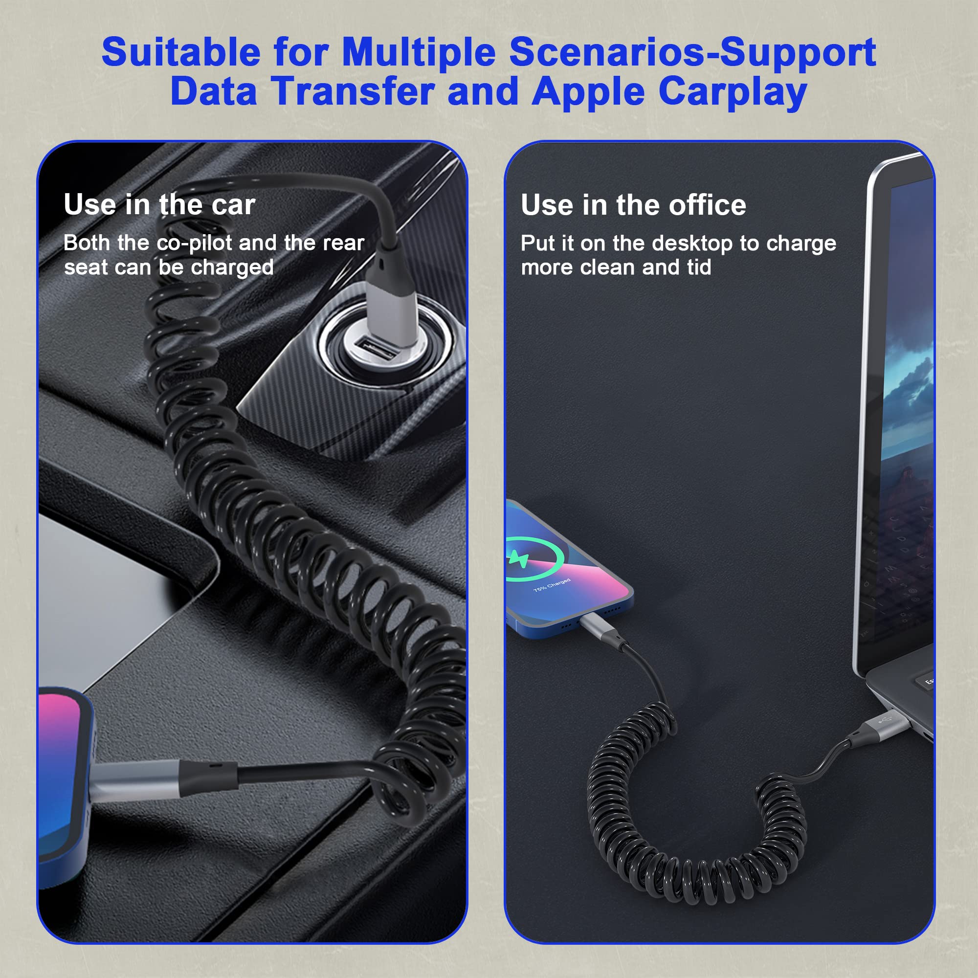 Apple MFi Certified Coiled Lightning Cable - USB to Lightning Charger Cord with Data Sync, Retractable iPhone Charger for iPhone/iPad/iPod (Compatible with Apple CarPlay) - Perfect for Car Charging, Home & Office Use
