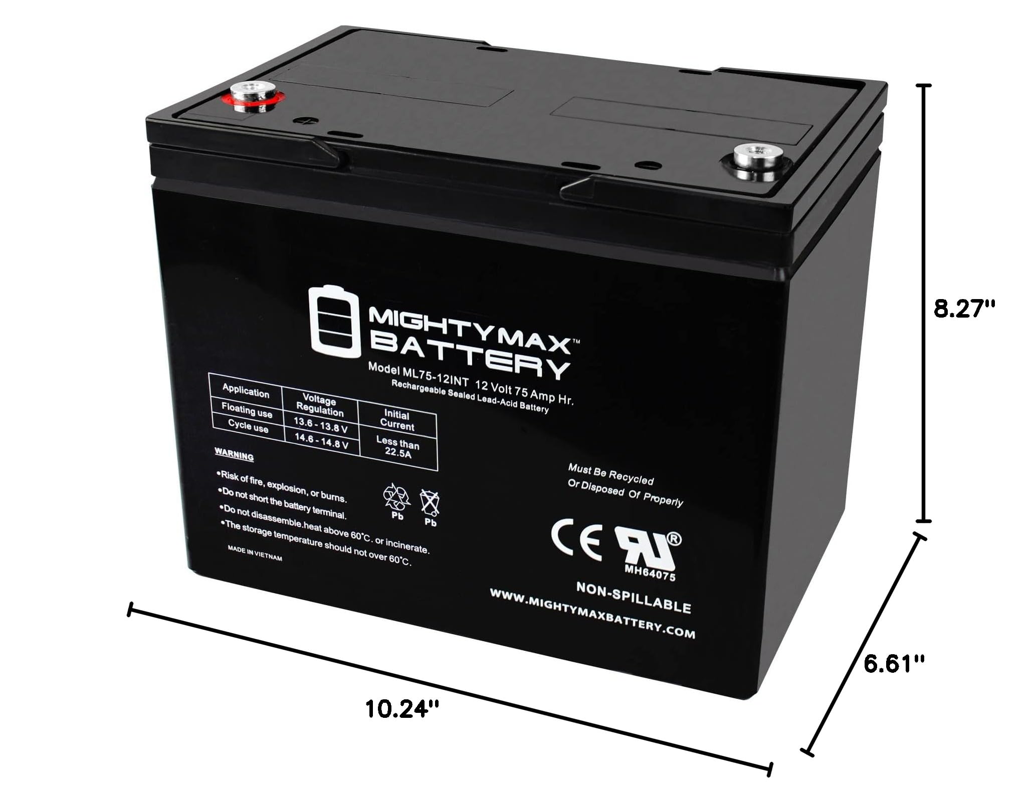 Mighty Max Battery ML75-12INT - 12V 75AH Rechargeable SLA AGM Battery with Internal Thread Terminals - Perfect for Solar Power Systems, UPS Backup & RV Applications