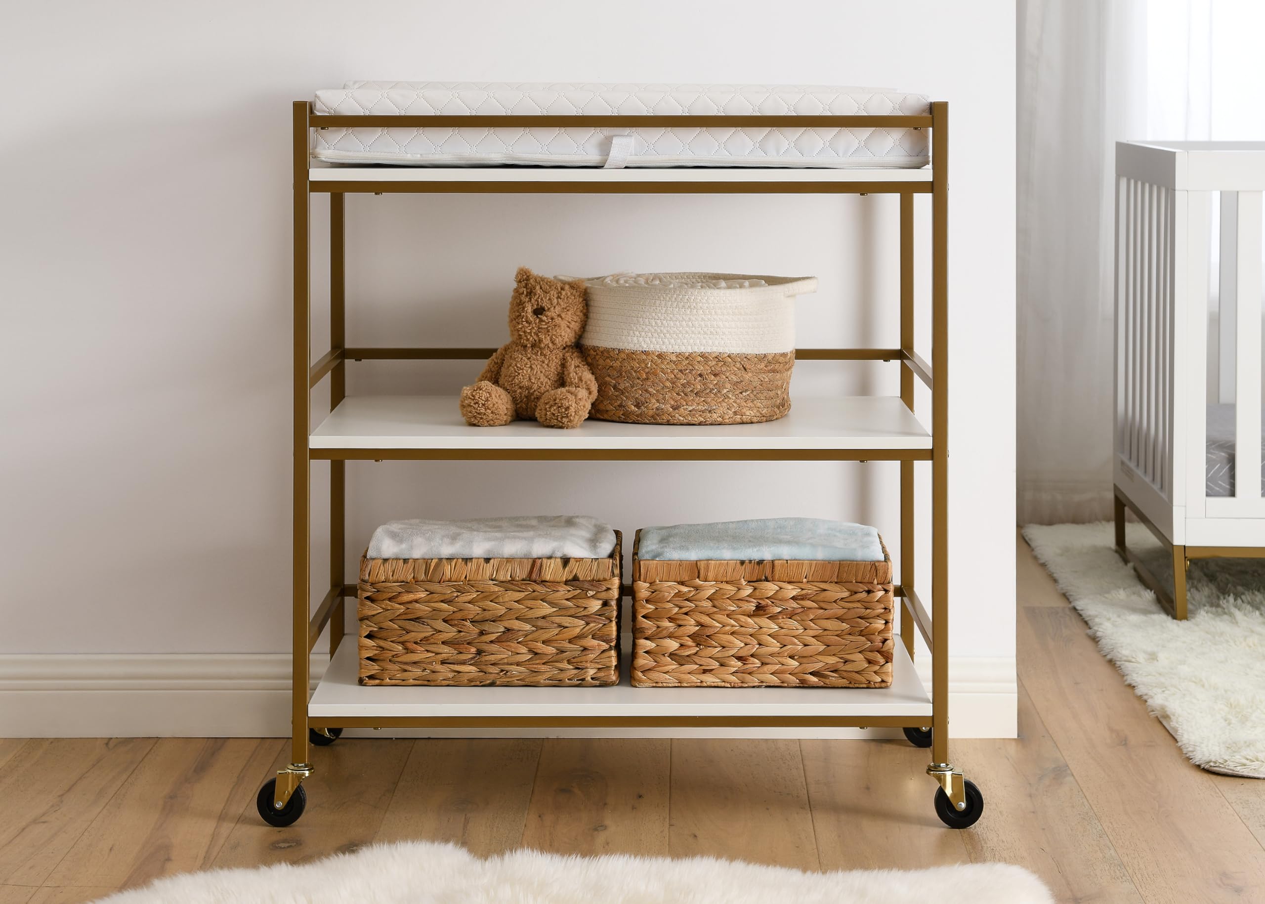 Delta Children Jade Changing Table & Cart - White Melamine with Bronze Accents | Nursery Organization & Baby Care Essentials for New Parents