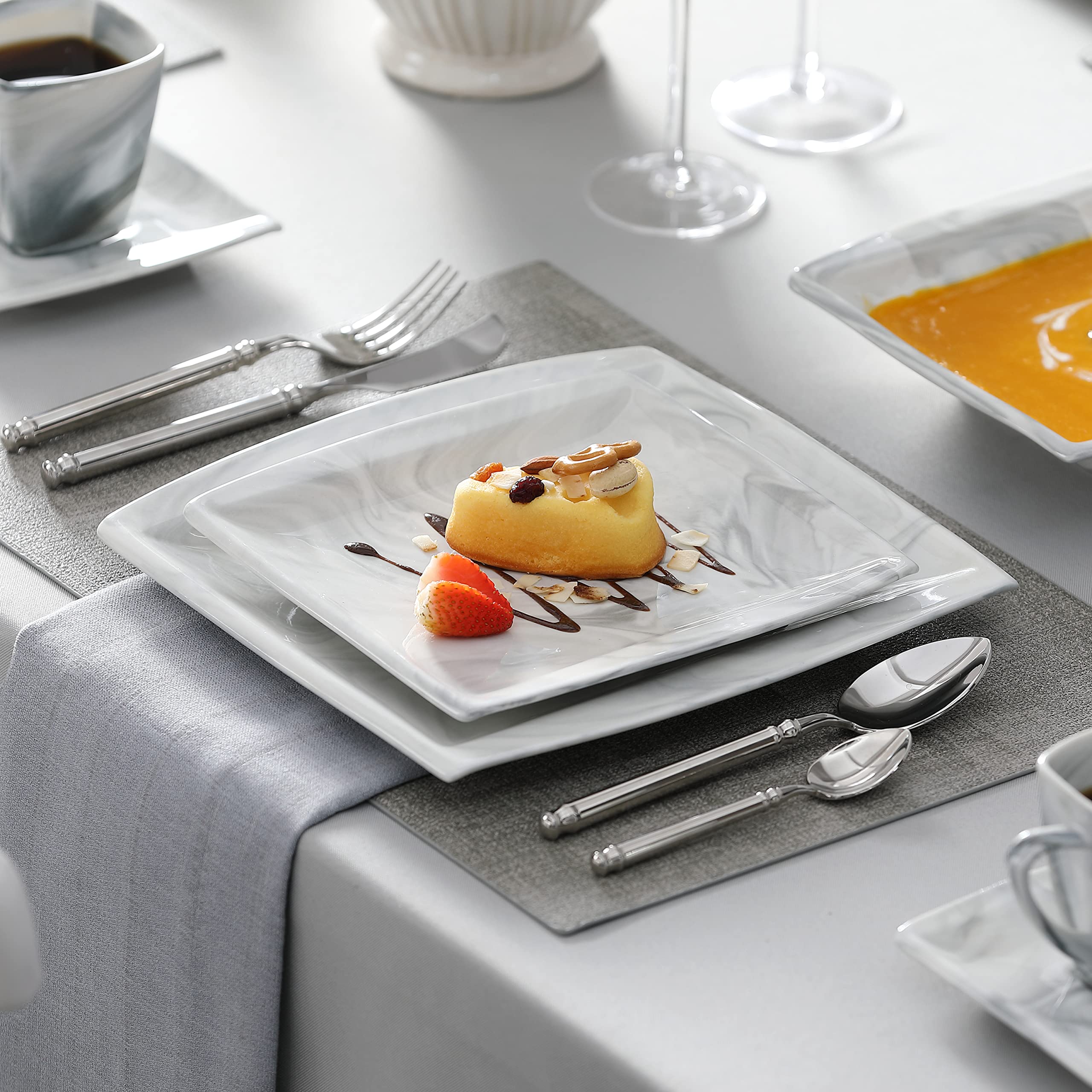 MALACASA 30-Piece Porcelain Dinnerware Set for 6 - Square Plates, Bowls, Cups & Saucers | Modern Microwave Safe Dish Set in Marble Grey (Series Blance) - Perfect for Family Dinners, Entertaining Guests & Everyday Use