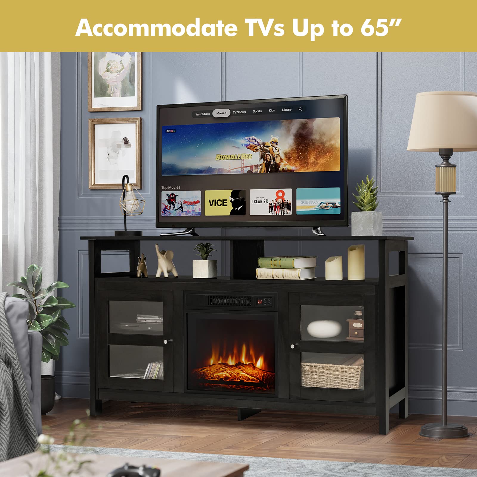 Tangkula 65 Inch Fireplace TV Stand with 1400W Electric Fireplace - 18 Inch, 5000 BTU, Built-in Thermostat, 6H Timer, Adjustable Flame & Heat, Remote Control - Black - Perfect for Living Room, Bedroom & Home Theater Setup
