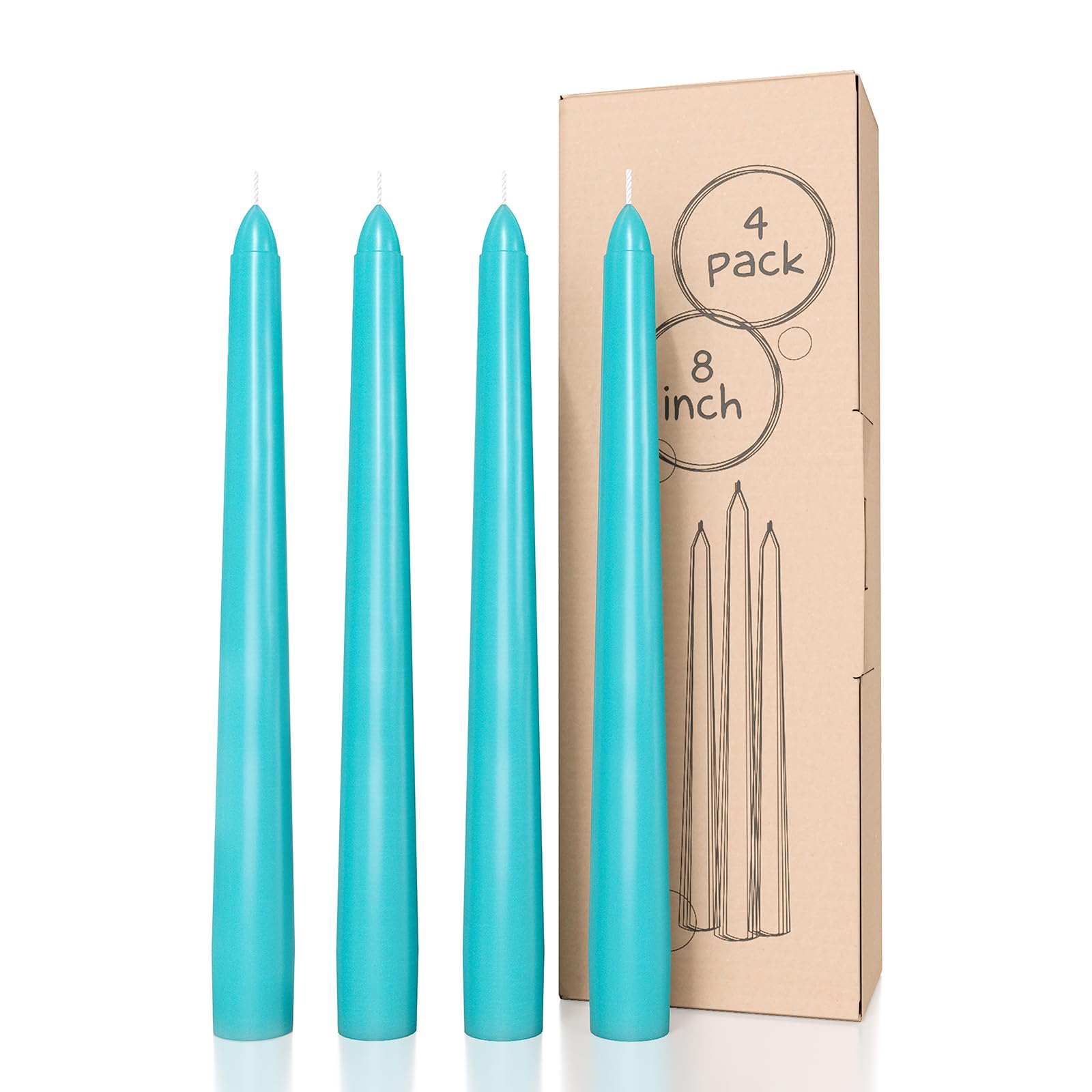 CANDWAX 8 Inch Taper Candles - Set of 4 Dripless Long Candles for Dinner Party, Wedding Decor & Home Ambiance - Elegant Turquoise Color