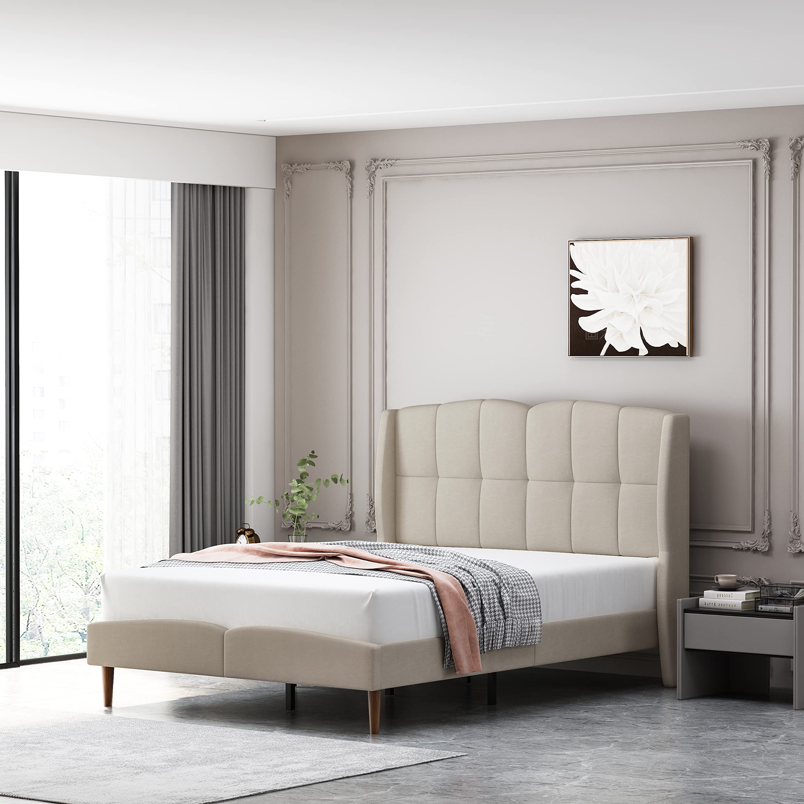 Modern Geometric Wing Headboard Upholstered Platform Bed Frame - Full Size, Beige | Easy Assembly, Noiseless, No Box Springs Needed | Perfect for Master Bedroom, Guest Room & Small Space Living