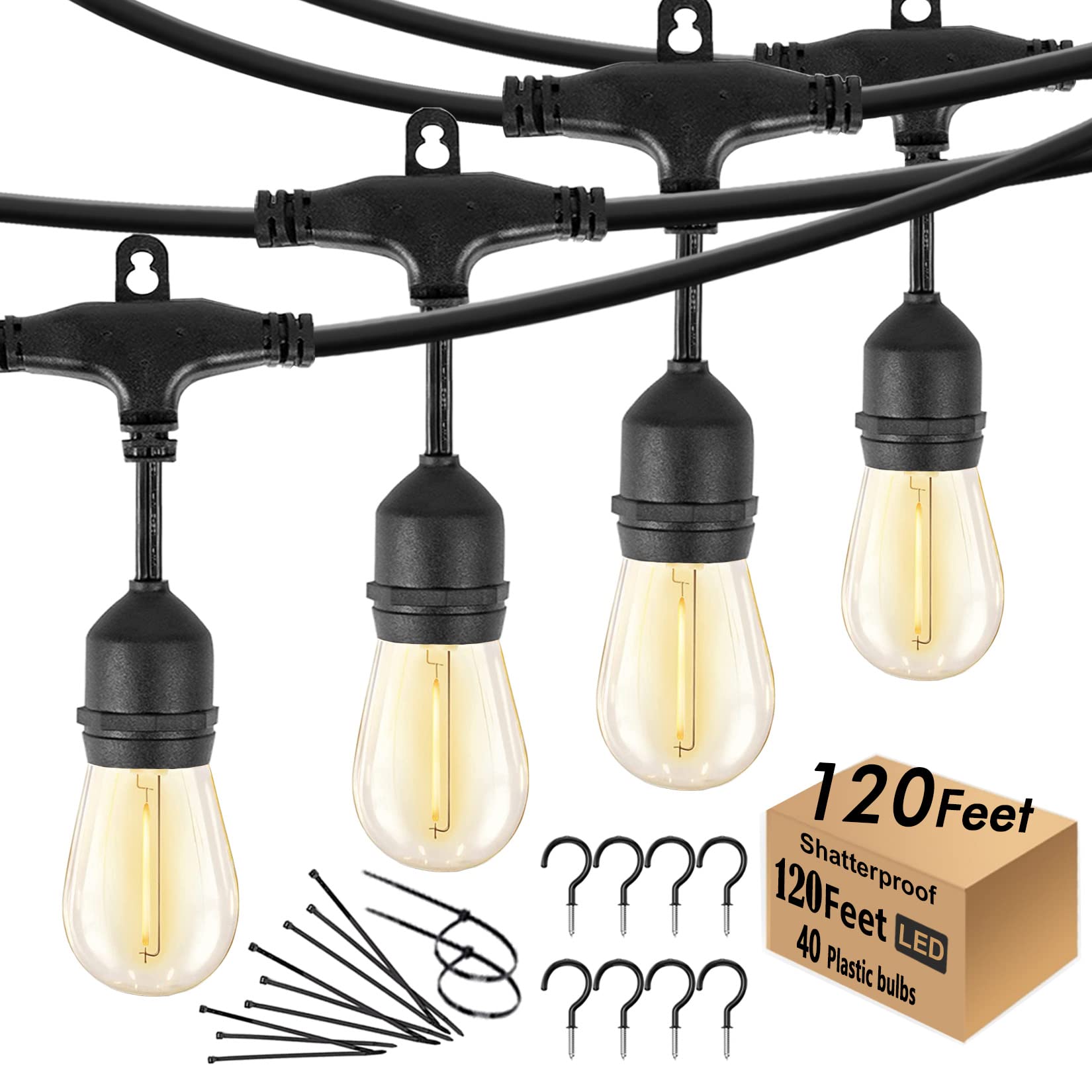 120 FT Outdoor LED String Lights - 40 Shatterproof Warm White Edison Bulbs, Waterproof Patio Lights for Gazebo, Pergola, Backyard, Garden & Market Decor (Black) | Perfect for Outdoor Dining, Wedding Decor & Landscape Lighting