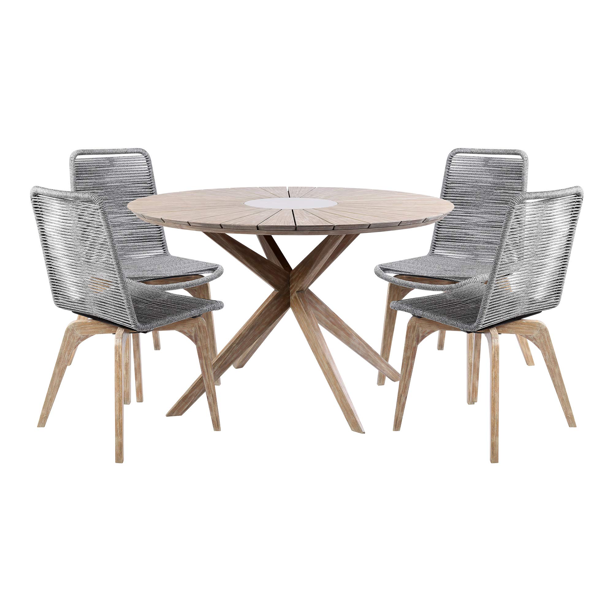 Armen Living Oasis and Island 5-Piece Outdoor Patio Dining Set with Light Eucalyptus and Stone - Perfect for Backyard, Garden, and Poolside Entertaining