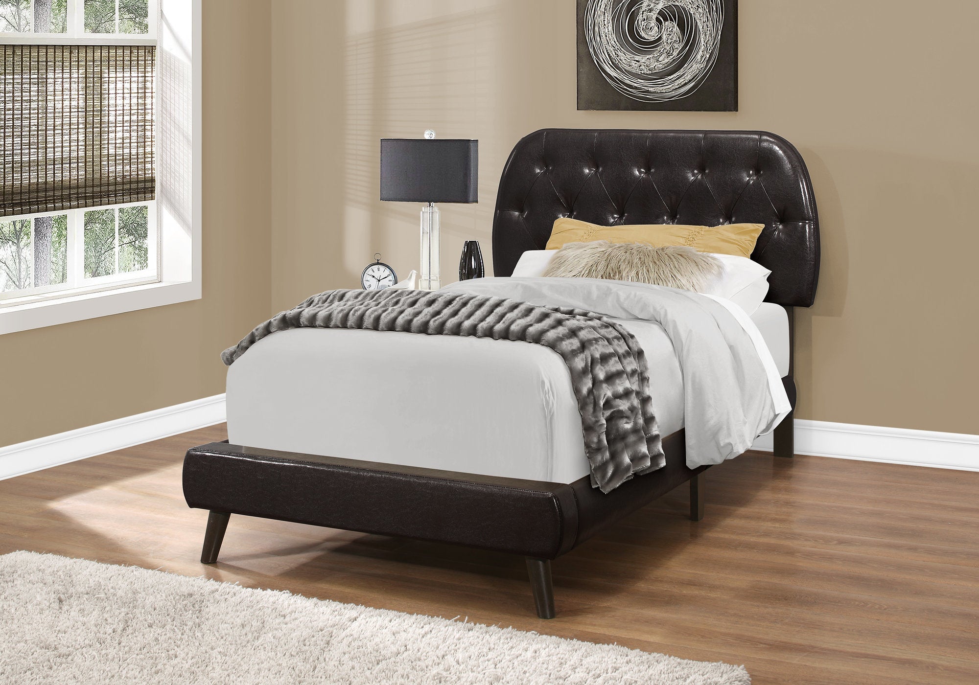 Brown Faux Leather Twin Size Bed Frame with Wooden Legs - Modern & Sturdy Platform Bed for Small Spaces, Guest Rooms, and Dormitories