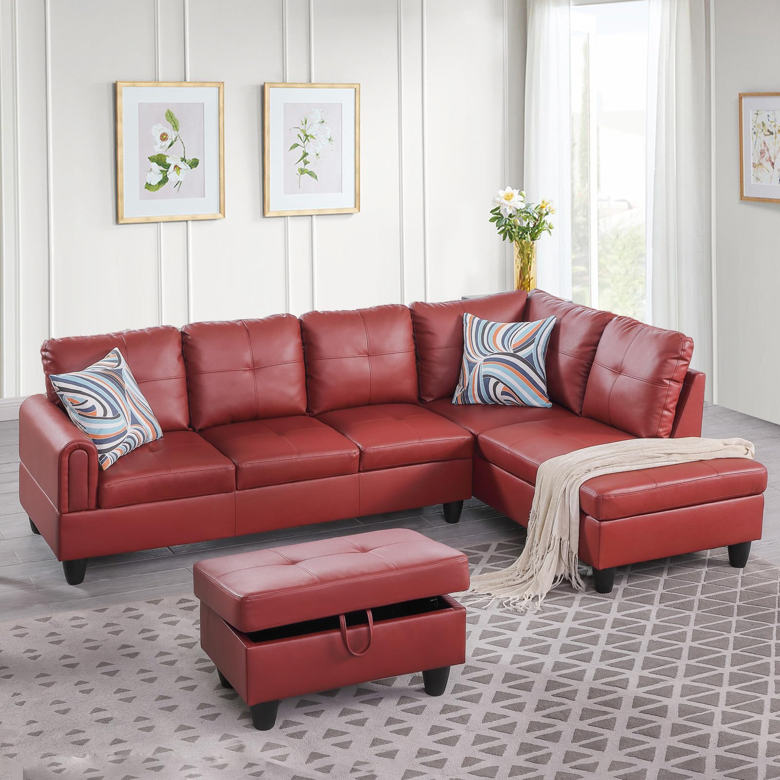 Modern L-Shaped Faux Leather Sectional Sofa Set with Ottoman - Right Hand Facing Red Living Room Couch for Small Spaces | Perfect for Apartments, Home Theater & Family Gatherings