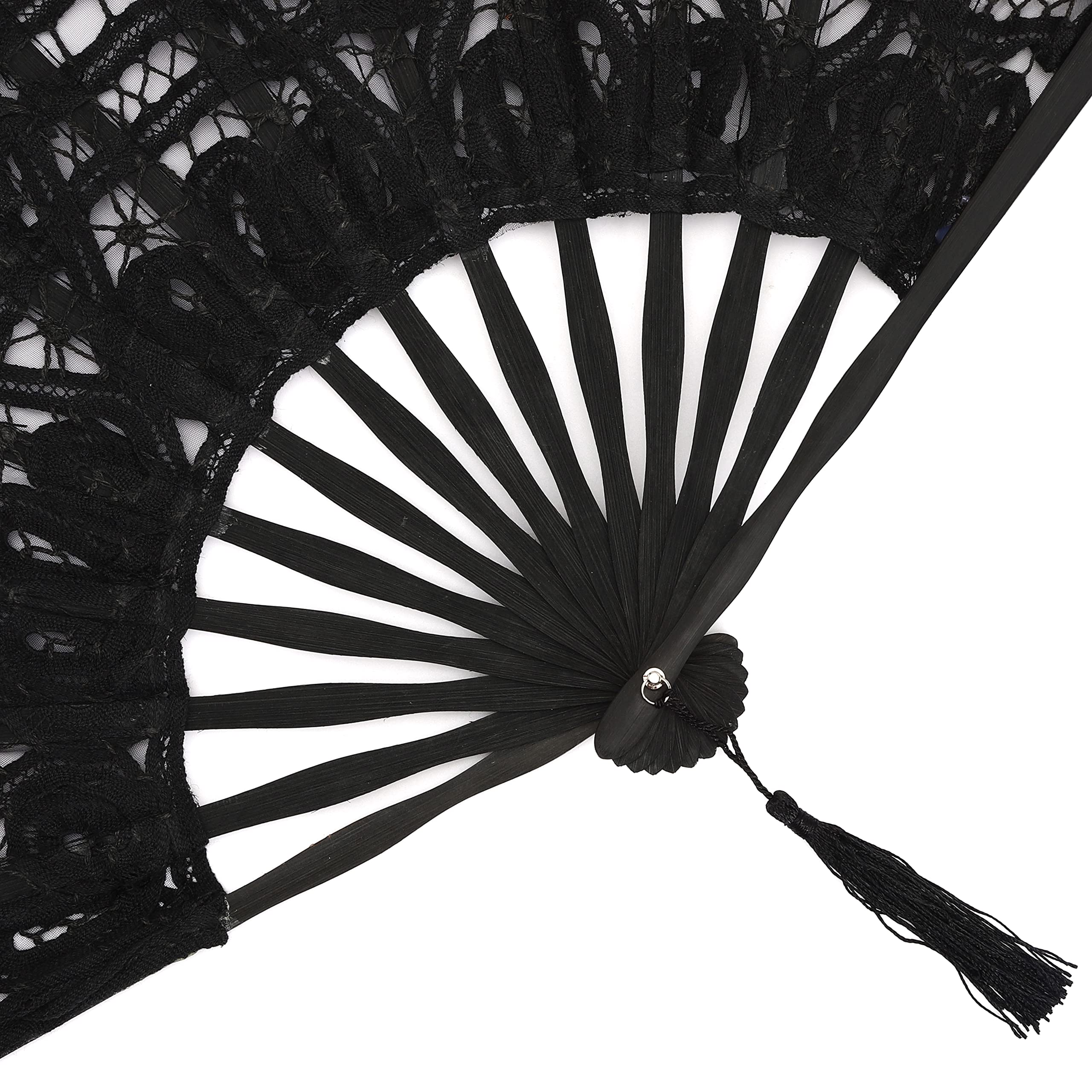 BABEYOND Cotton Lace Folding Hand Fan - Elegant Embroidered Wedding Hand Fan with Bamboo Staves | Perfect for Bridal Accessories, Wedding Decorations & Dance Parties (Black)