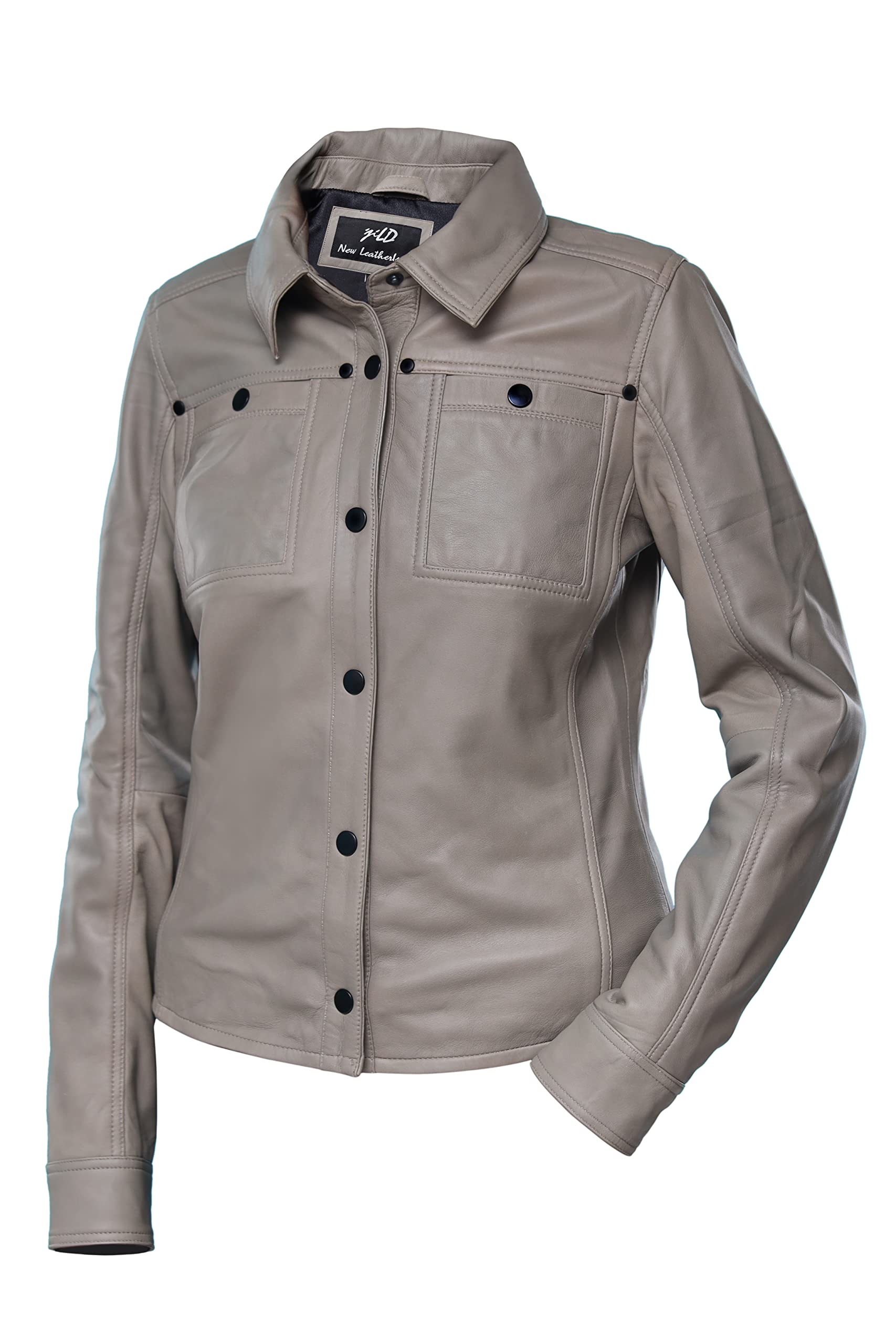 Jild Women's Button Front Lambskin Leather Jacket Shacket - Long Sleeve Casual Shirt Jacket with Bust Pocket | Perfect for Fall Layering, Date Nights & Office Wear