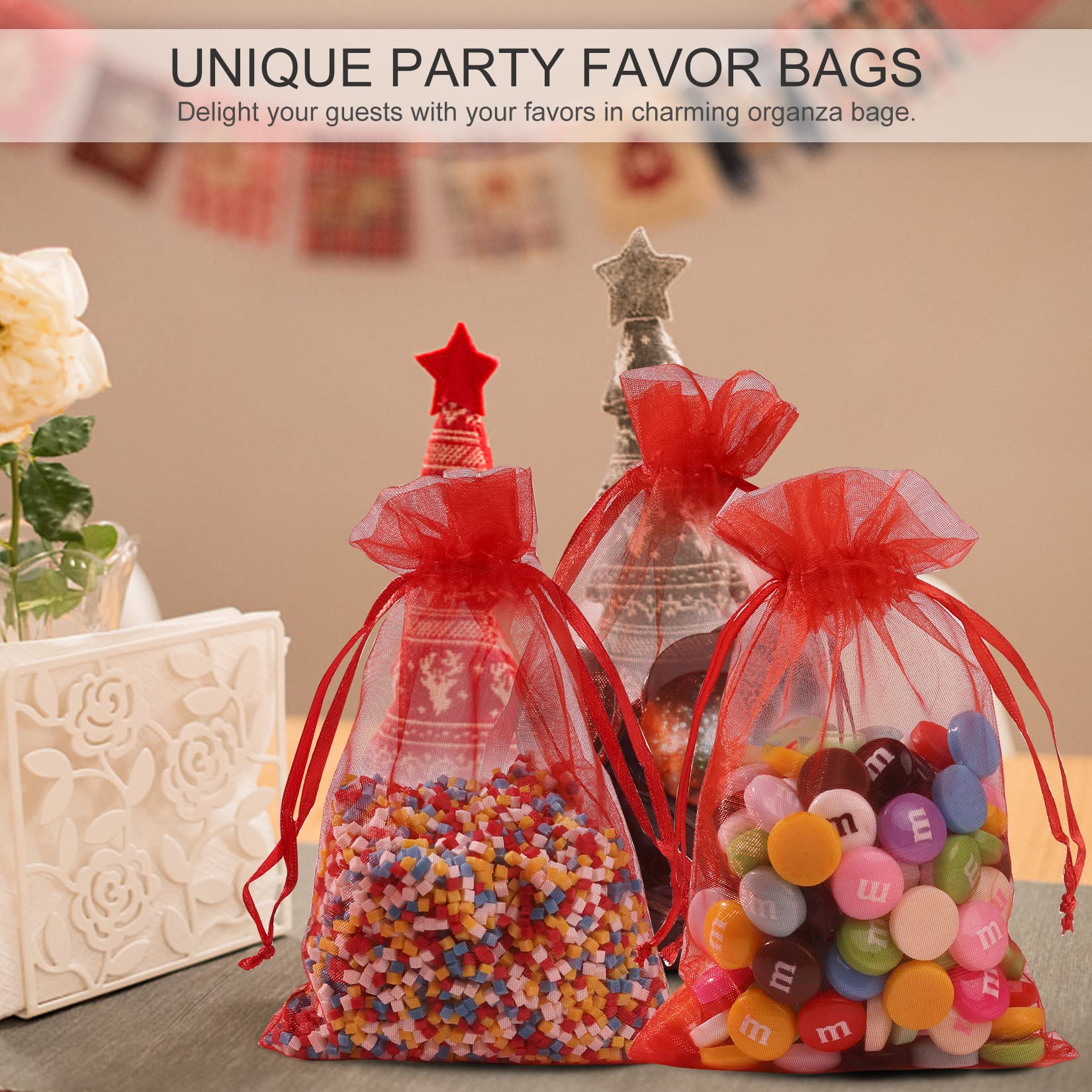 ANZNKU 100-Pack 4x6 Inch Organza Gift Bags with Drawstring - Premium Red Sheer Mesh Favor Bags for Jewelry, Wedding Favors, Christmas Party Decorations & Special Occasions