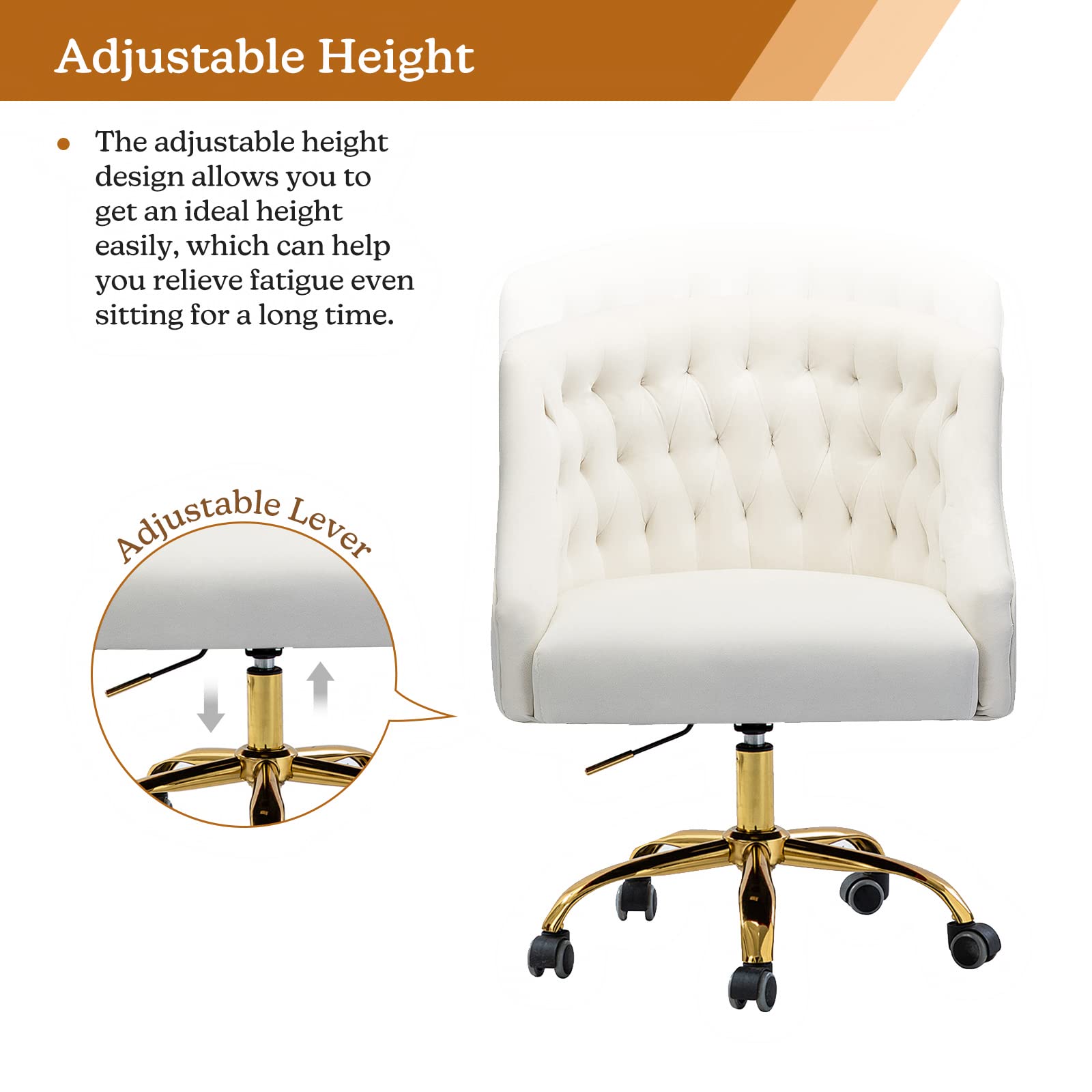 Velvet Home Office Chair with Gold Base - Modern Adjustable Swivel Task Chair for Living Room, Bedroom & Study - Comfortable Desk Chair for Work & Vanity - Ivory | Perfect for Remote Work, Gaming & Makeup Stations