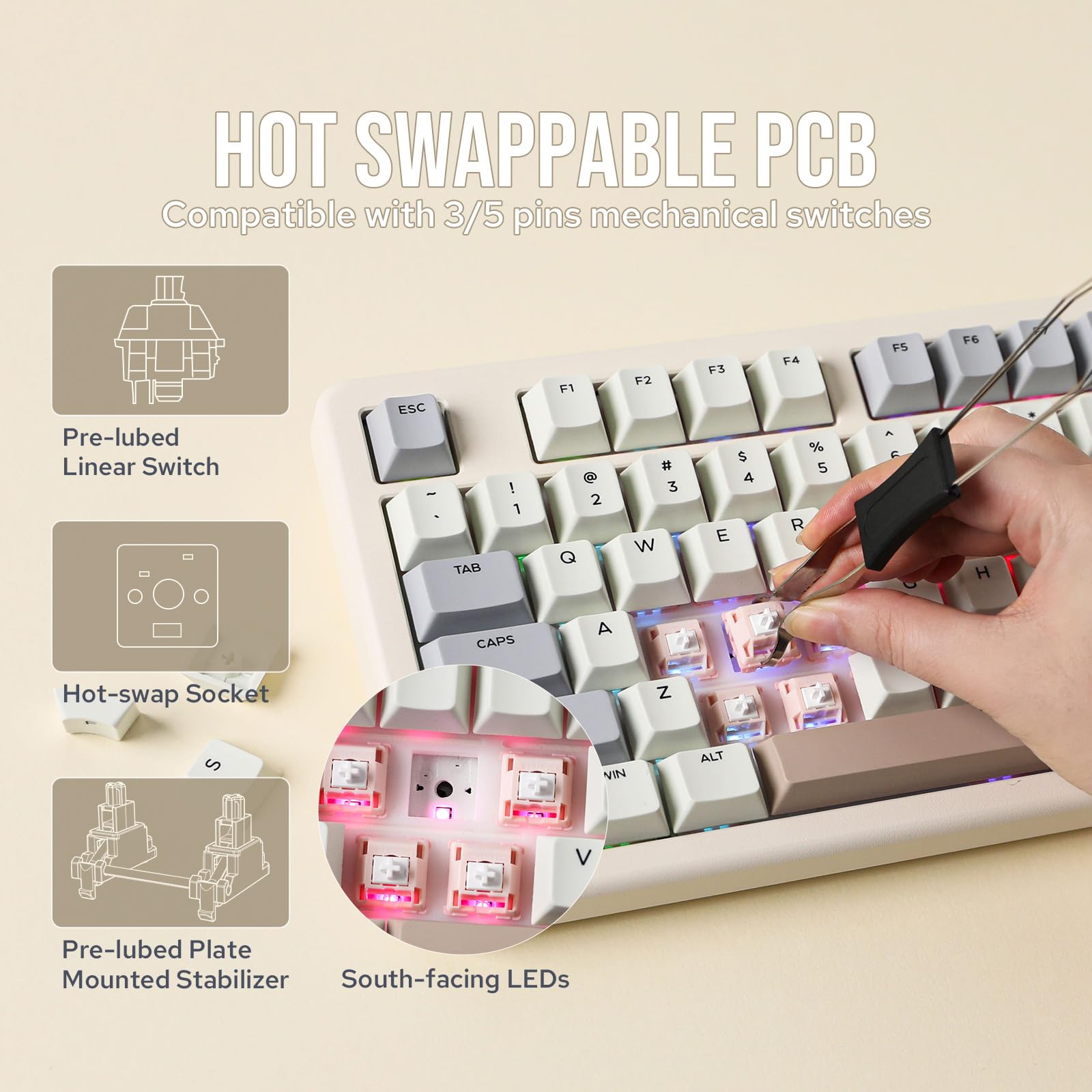 EPOMAKER Galaxy70 75% Wireless Mechanical Gaming Keyboard - Aluminum Frame, Bluetooth 5.0/2.4GHz/USB-C Wired, Hot-Swappable Petal Switch (White) - Perfect for PC Gaming, Office Work & Typing Enthusiasts