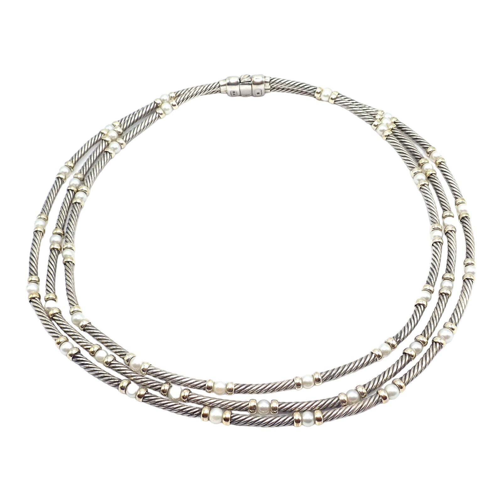 David Yurman DY Sterling Silver & 14k Yellow Gold 3 Cable 3mm Pearl Necklace - 15