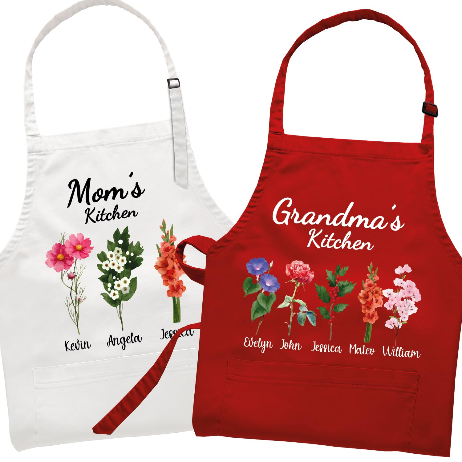 Personalized Apron for Women - Christmas, Birthday & Mother's Day Gift Ideas - Floral Design Kitchen Apron for Mom & Grandma - Perfect for Cooking, Baking and Gardening Activities