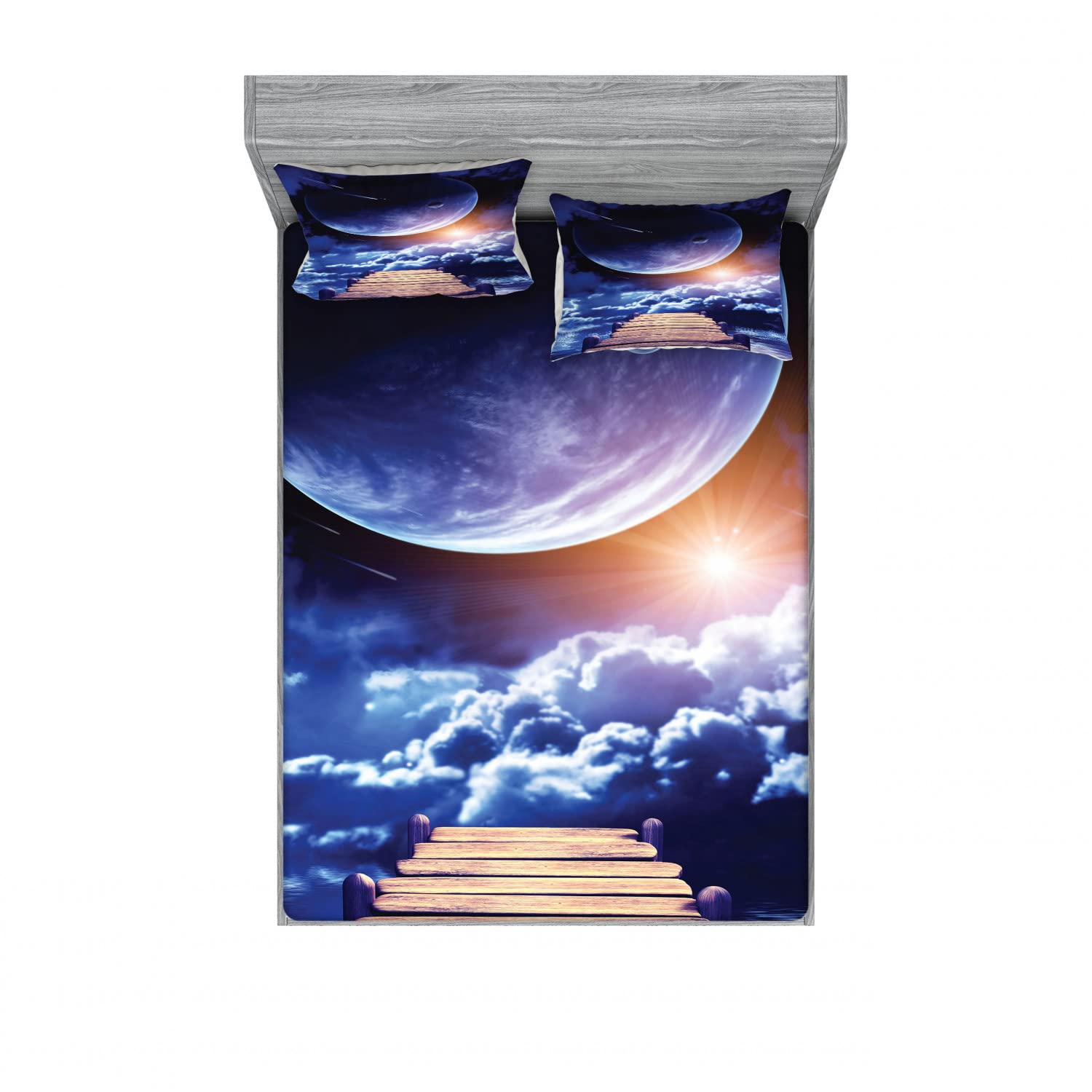 Ambesonne 2-Piece Outer Space Bedding Set - Queen Size Fitted Sheet & 4 Pillow Shams, Meteorite Dock Sun Design in Orange Indigo Brown - Galaxy Themed Bedroom Decor for Kids & Adults - Perfect for Space Enthusiasts' Rooms, Dorm Decor, and Sci-Fi Themed Bedrooms