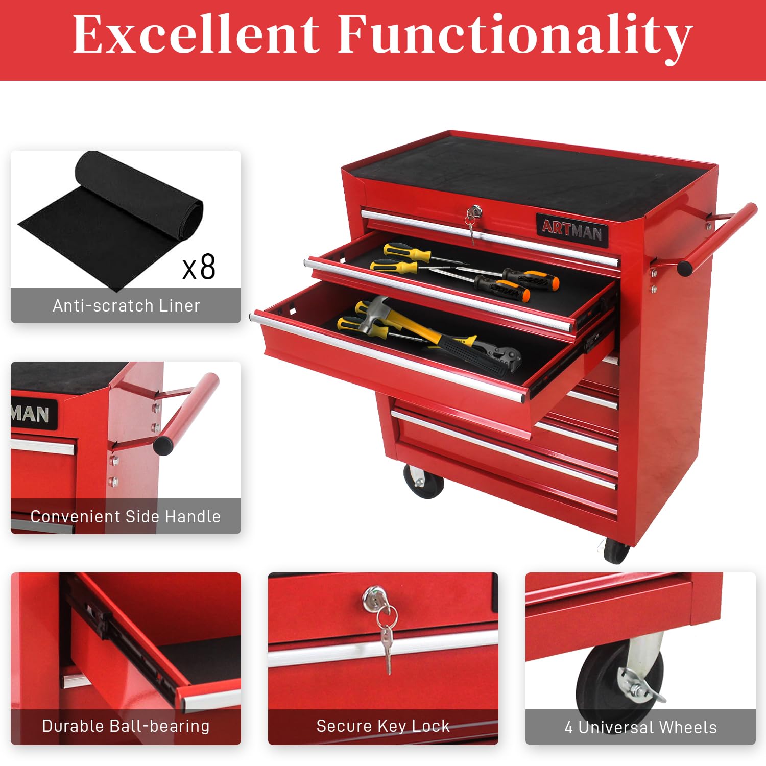 7-Drawer Rolling Tool Chest with Wheels - Heavy Duty Multifunctional Tool Cart for Mechanics - Garage, Workshop & Repair Shop Storage Cabinet (Red) - Perfect for Organizing Tools, Auto Repairs & DIY Projects