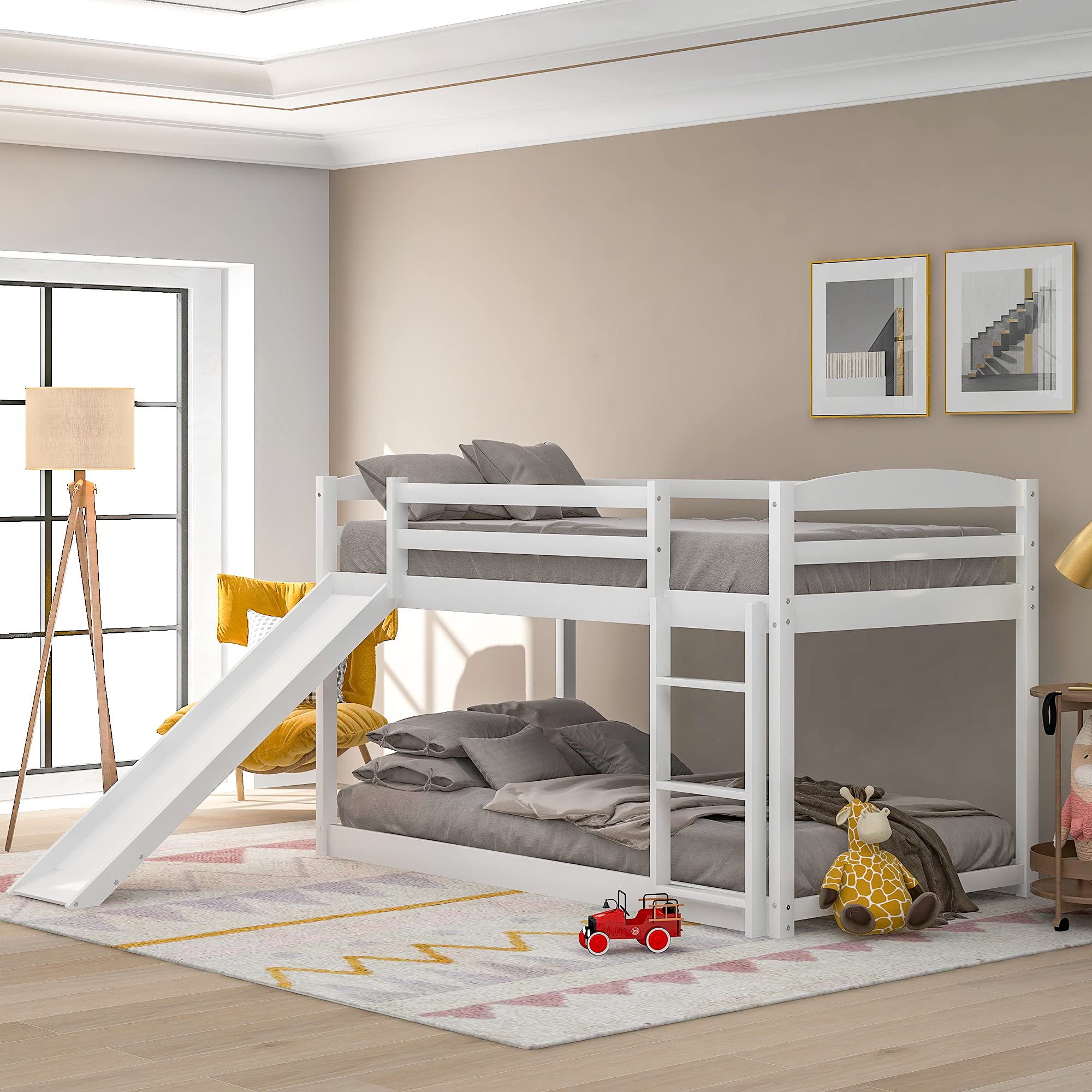 Harper & Bright Designs Low Bunk Bed with Slide - Twin Over Twin Wooden Bunk Bed with Ladder for Kids & Toddlers - White - Perfect for Small Bedrooms, Playrooms & Shared Kids' Spaces