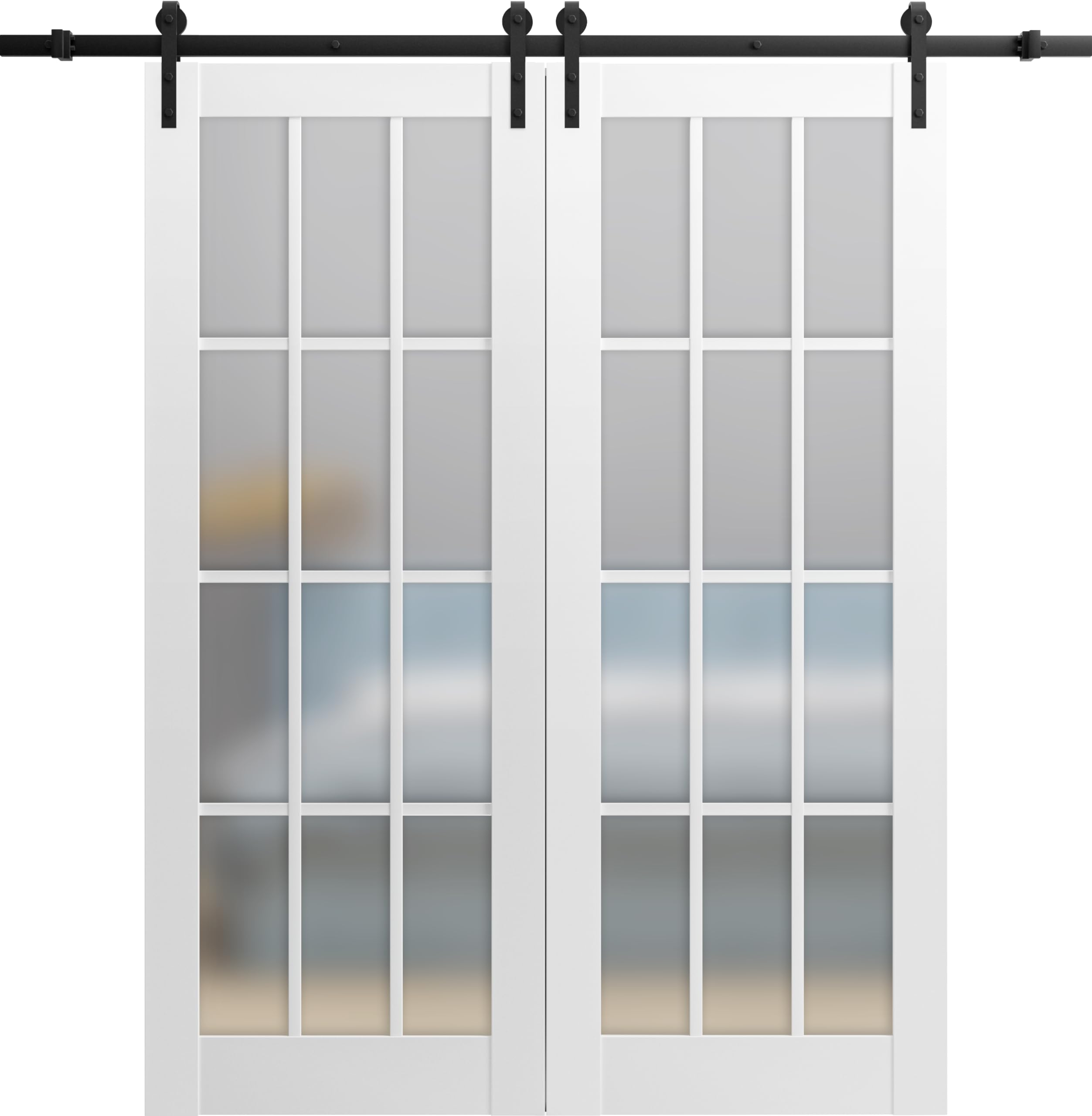 Sturdy 56x84 Inch Double Barn Door with Frosted Glass 12 Lites - Felicia 3312 Matte White | Top Mount 13FT Rail Hangers Heavy Duty Set | Solid Panel Interior Sliding Doors for Bedroom, Closet & Farmhouse Style Home Decor