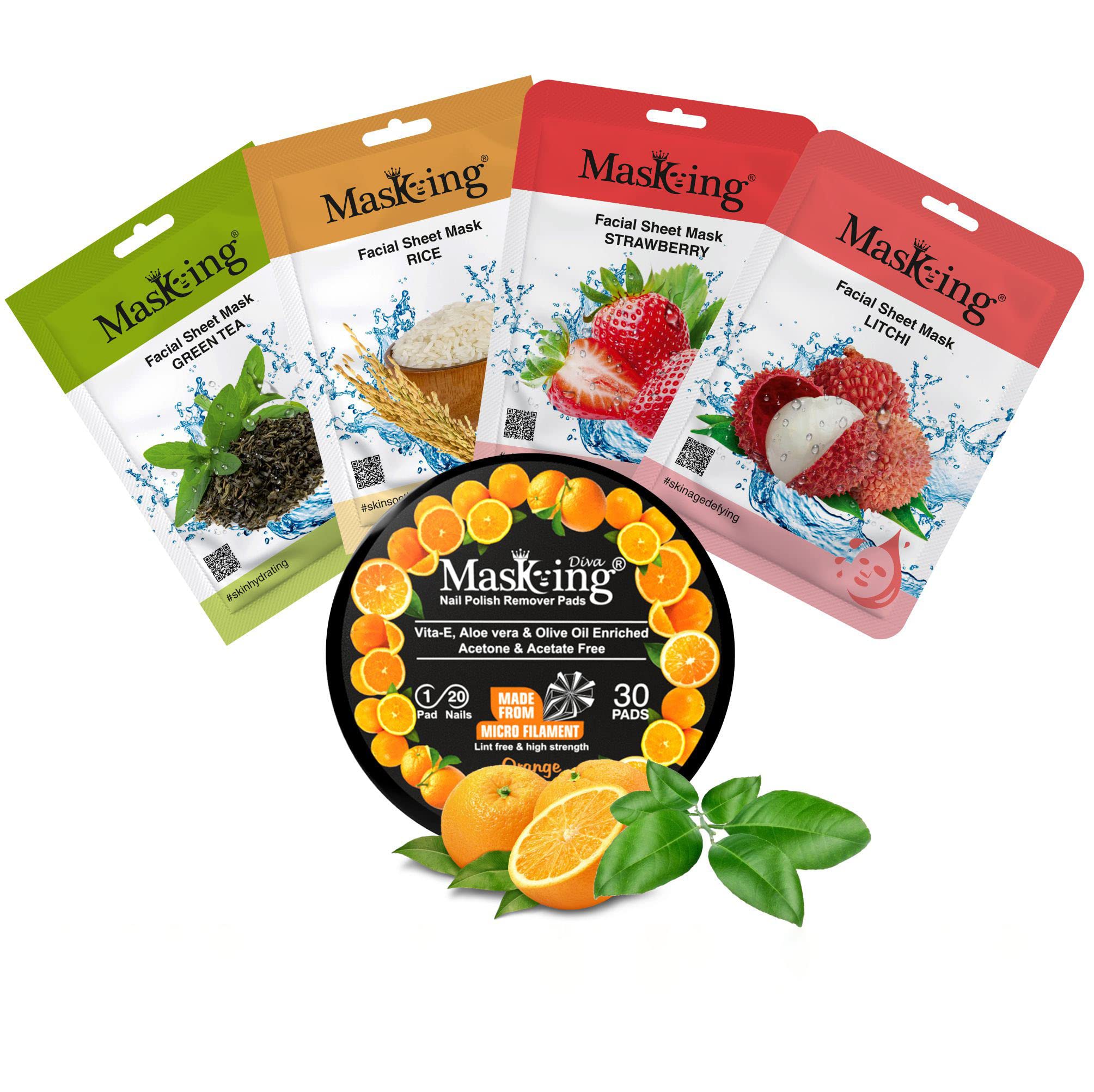MasKing Beauty Facial Sheet Mask Set - Green Tea, Rice, Strawberry & Litchi Extract (4-Pack) | Diva Orange Nail Polish Remover Pads (30 Count) - Hydrating & Nourishing for All Skin Types, Perfect for Spa Day & At-Home Nail Care