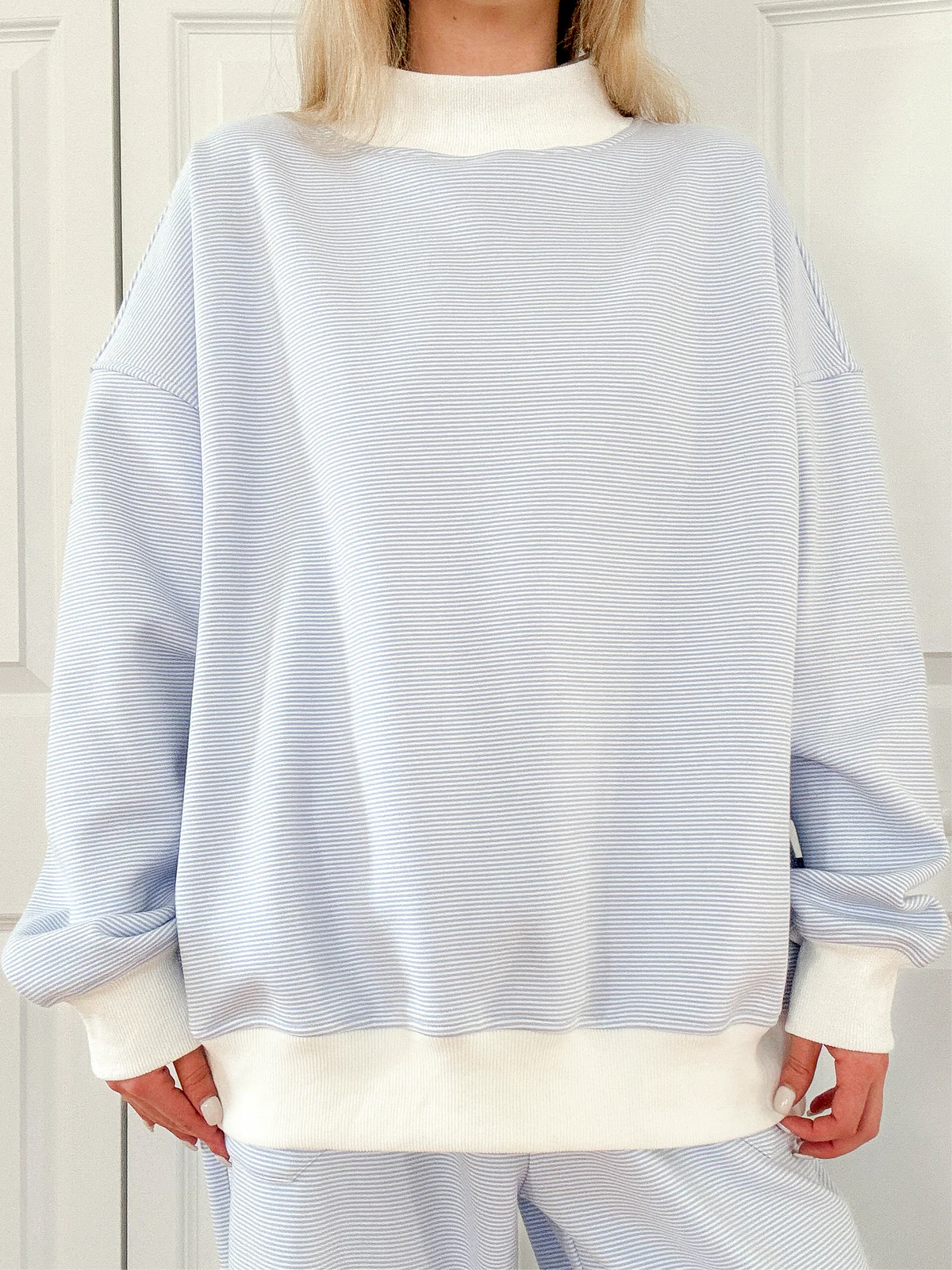 Cynthia Mini Striped Mock Neck Sweatshirt - Blue and White Pullover for Women | Casual Fall Outfit, Coffee Date & Weekend Wear