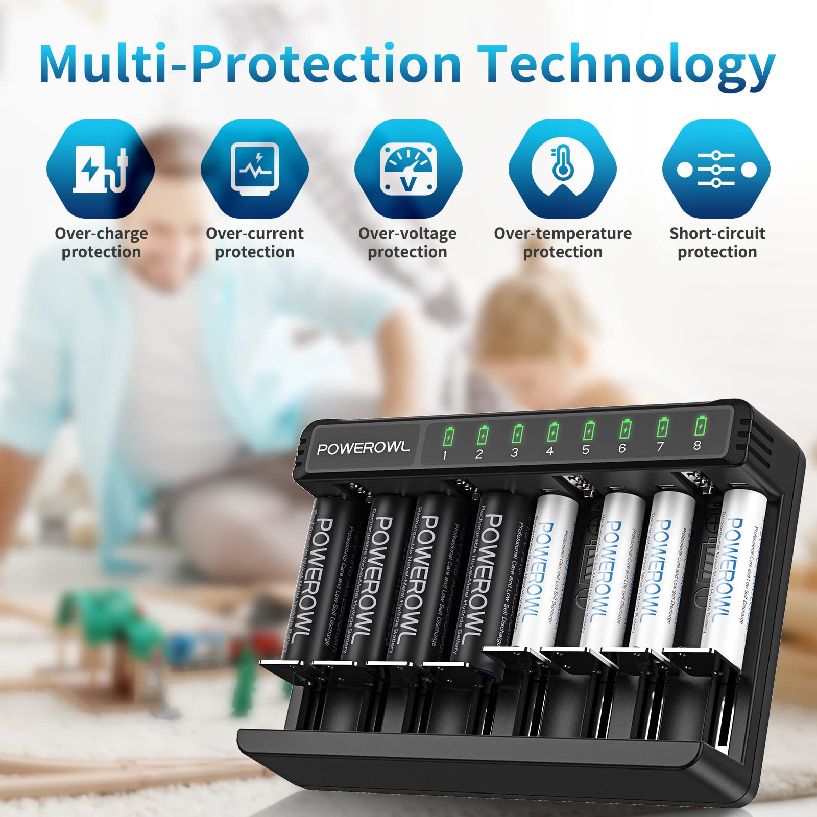 POWEROWL 4AA & 4AAA Rechargeable Batteries with Fast Charger - USB-C & Micro USB Ports - Compatible with AA AAA C D Batteries - Perfect for Cameras, Toys, Flashlights and Electronic Devices