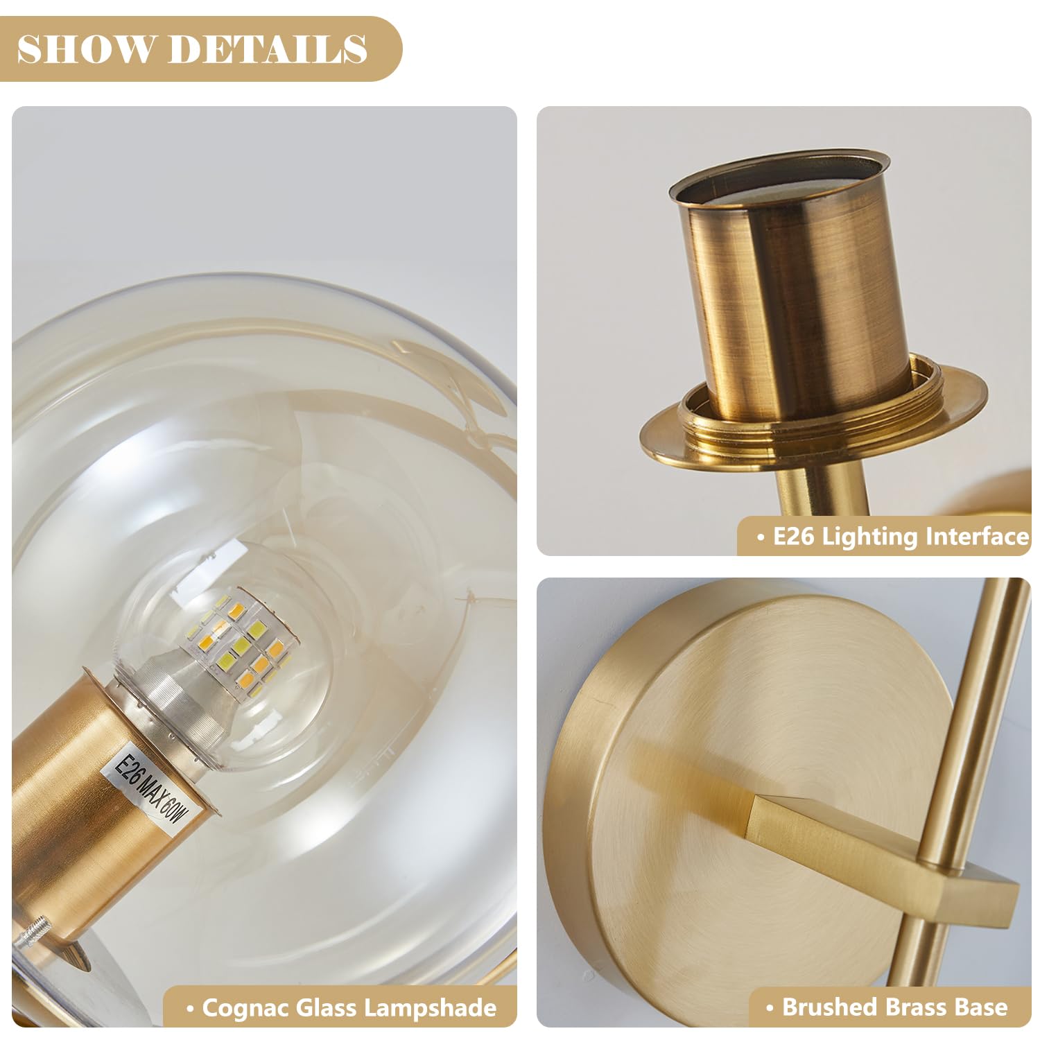 Modern Mid Century Style Wall Sconce with Glass Shade & Brass Finish - Amber Bathroom Vanity Light for Home Decor | Perfect for Bedroom, Hallway & Bathroom Lighting