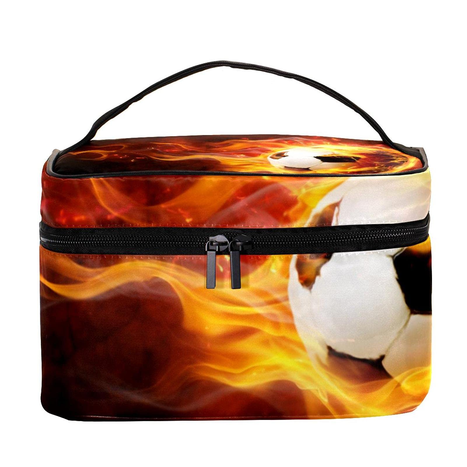 Flame Soccer Ball Design Large Cosmetic Makeup Bag - Travel Toiletry Organizer with Zipper for Women & Girls - Perfect for Sports, Gym, and Vacation Trips