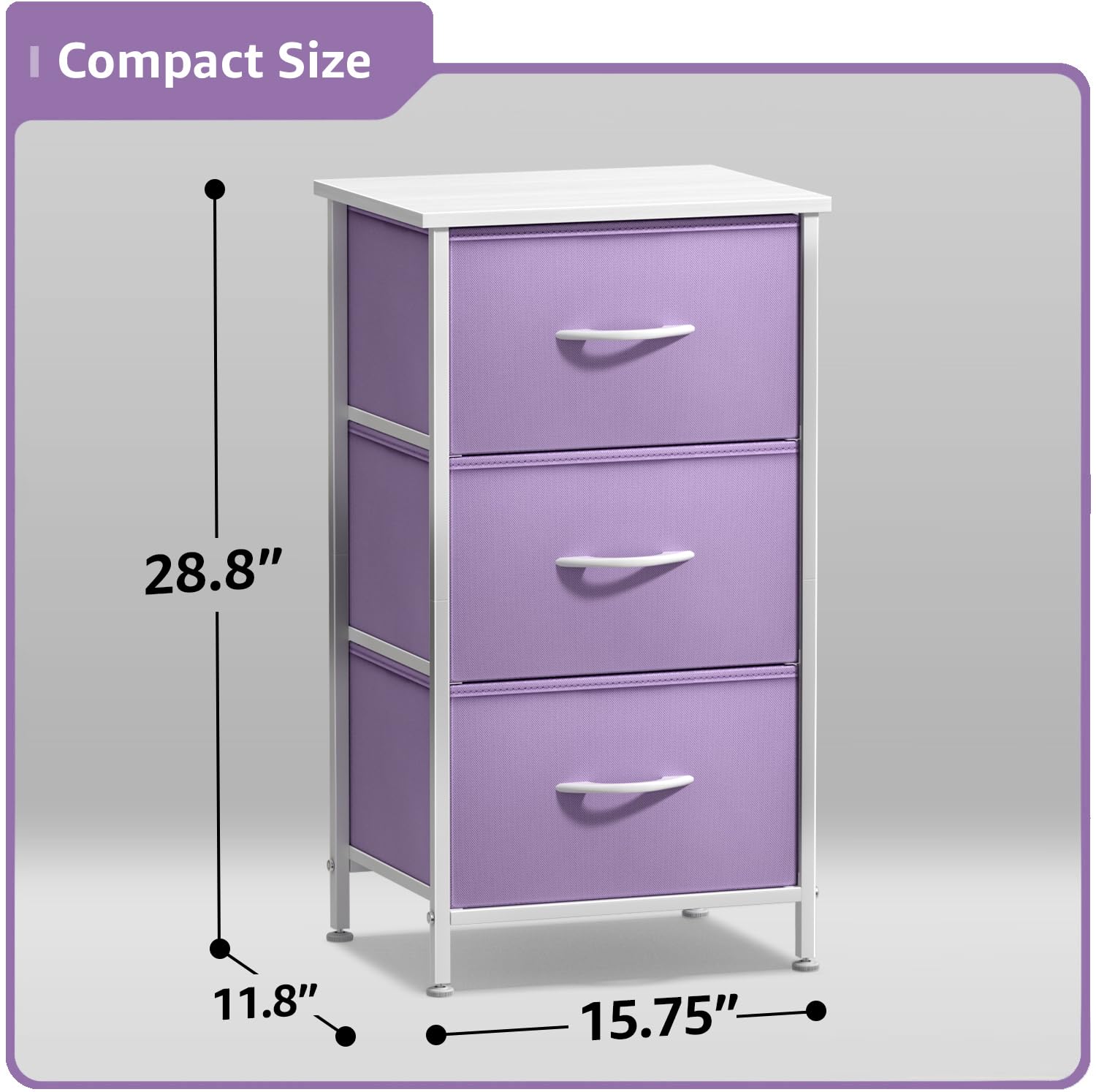 Sorbus 3-Drawer Nightstand with Steel Frame & Wood Top - Modern Bedside Table for Bedroom, Office, College Dorm | Pastel Purple Fabric Bins | Perfect for Small Spaces & Apartment Living