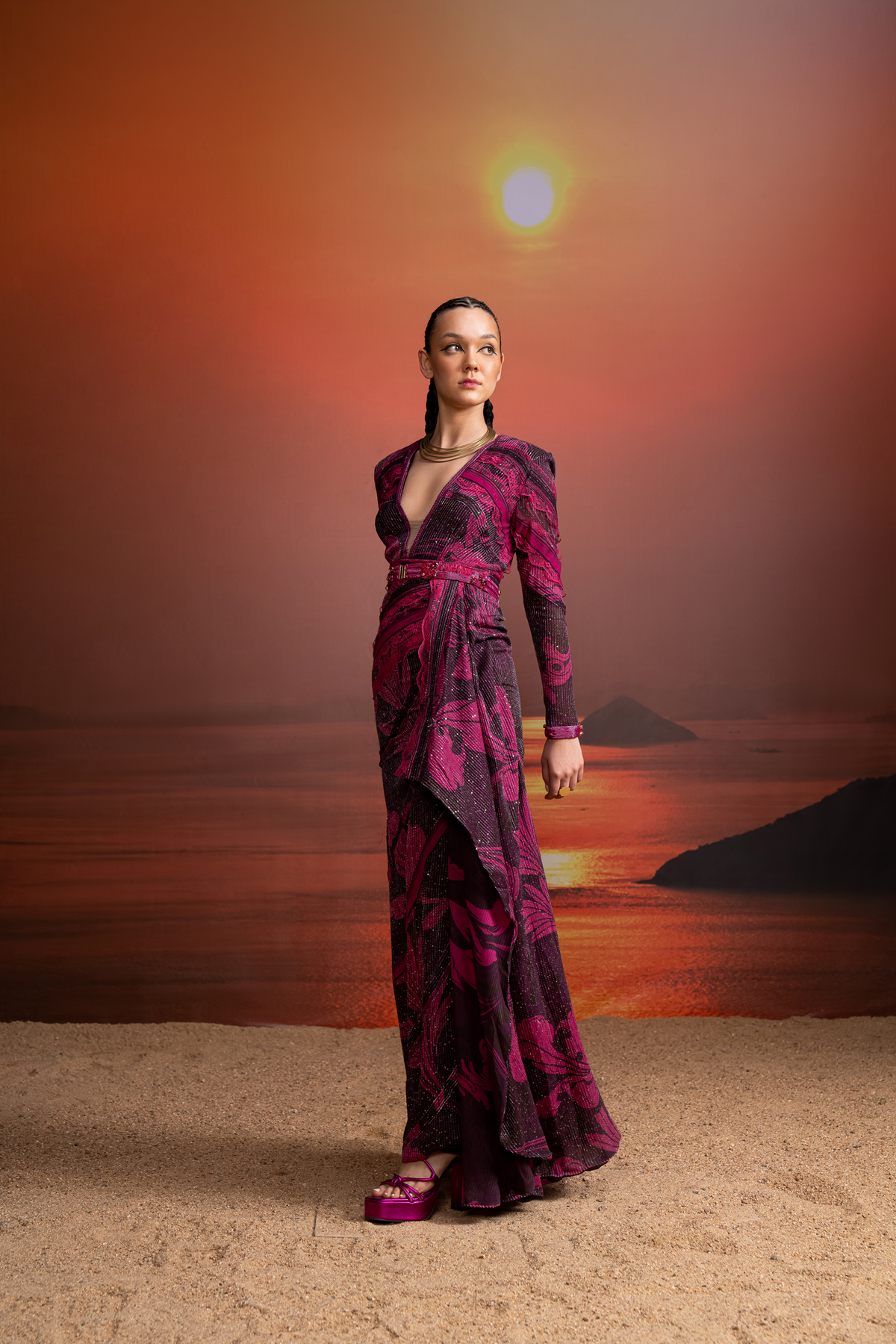 Fuchsia Swirl Printed Chantilly Lace Detailed Draped Dress for Women - Elegant Evening Gown for Parties, Weddings & Special Occasions