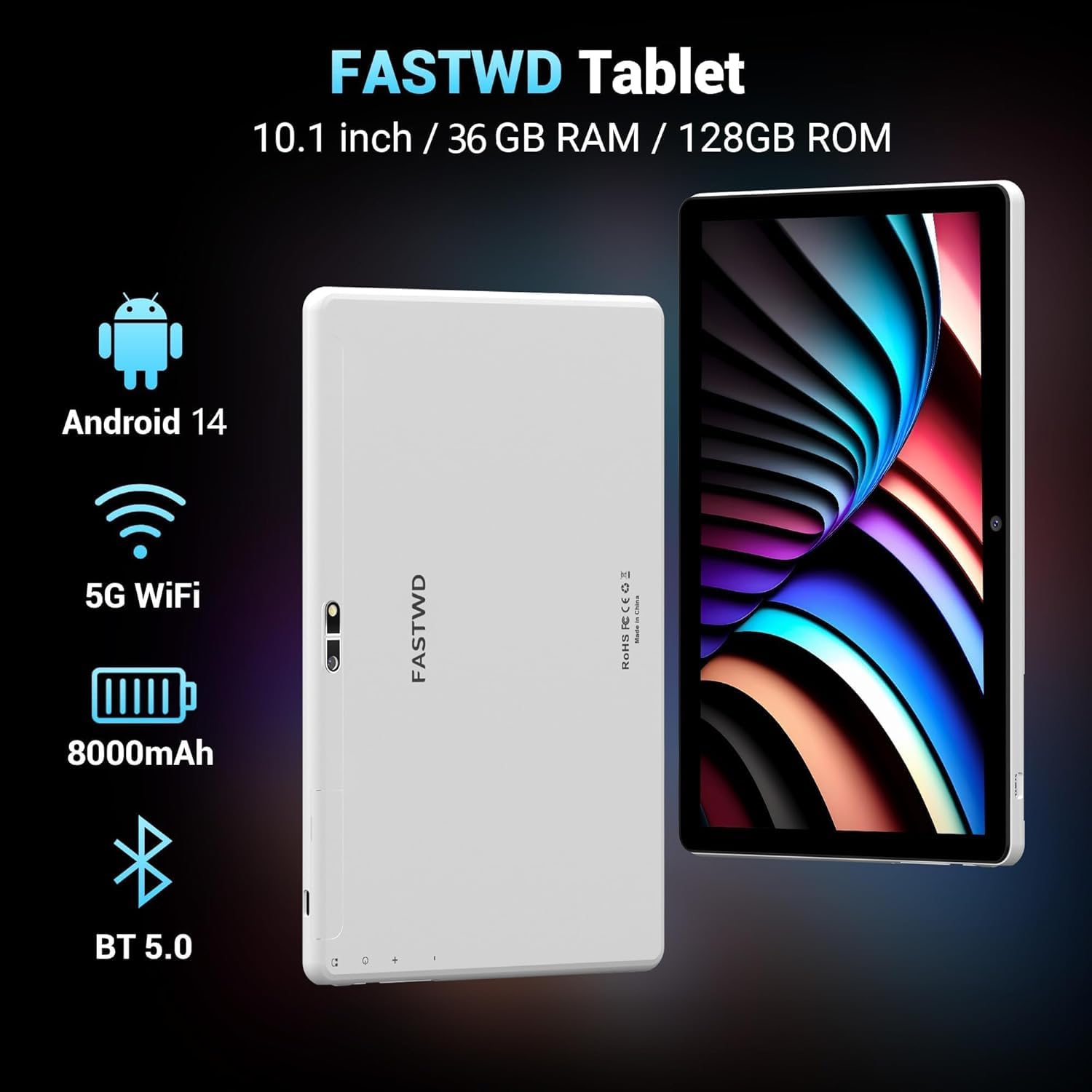 FASTWD 10 Inch Android 14 Tablet with 5G WiFi - 36GB RAM 128GB ROM, 8000mAh Battery, Face ID, 2-in-1 Tablet with Keyboard (Gray) - Perfect for Work, Study, and Entertainment On The Go