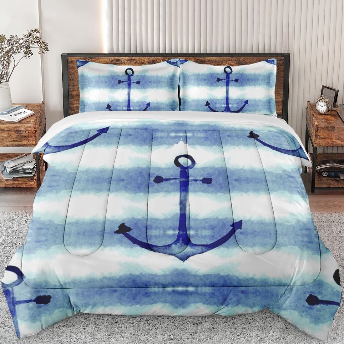 King Size Comforter Set - Navy Blue Sailor Vintage Stripe Design, Soft Summer Bedding for Kids & Adults, Includes 2 Pillowcases - Perfect for Bedroom Decor & Coastal Themed Guest Rooms