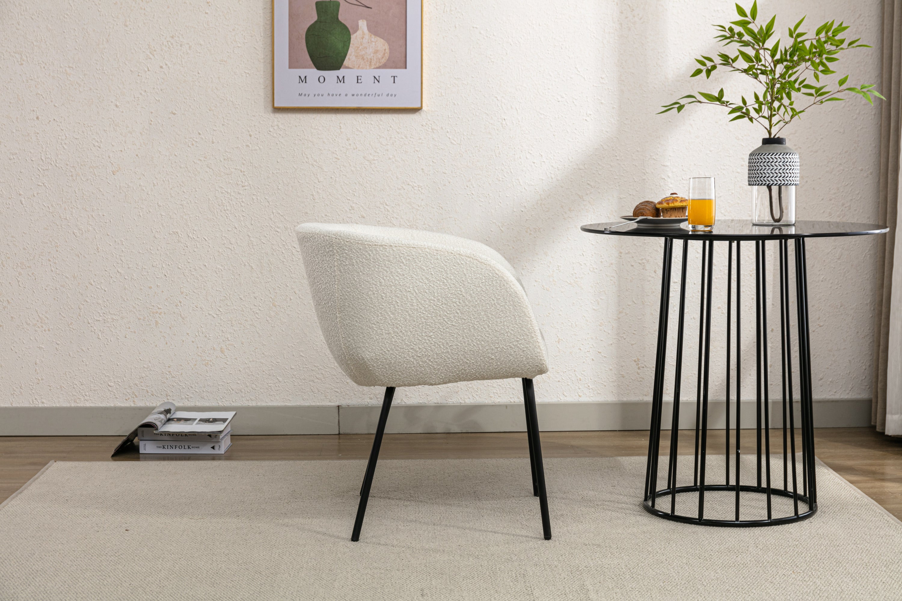 Boucle Fabric Dining Chair with Black Metal Legs - Set of 1 - Modern Upholstered Accent Chair for Kitchen, Dining Room, or Office