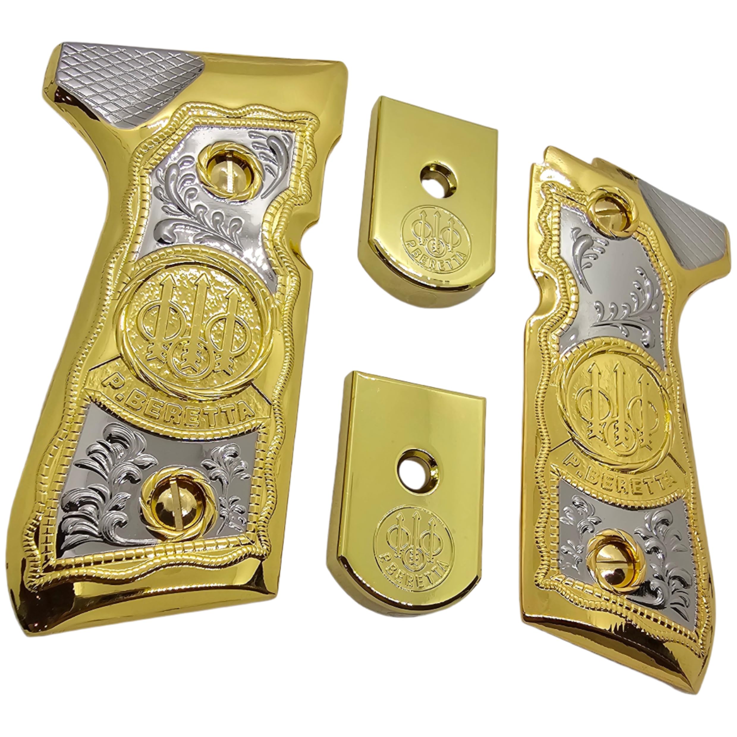 Premium Beretta 92/96 Combo Grips & Magazine Floor Plates - Nickel/Gold-Plated for 92F, 92FS, M9 & 96 Models | Enhanced Grip & Magazine Base | Perfect for Target Shooting, Competition & Concealed Carry