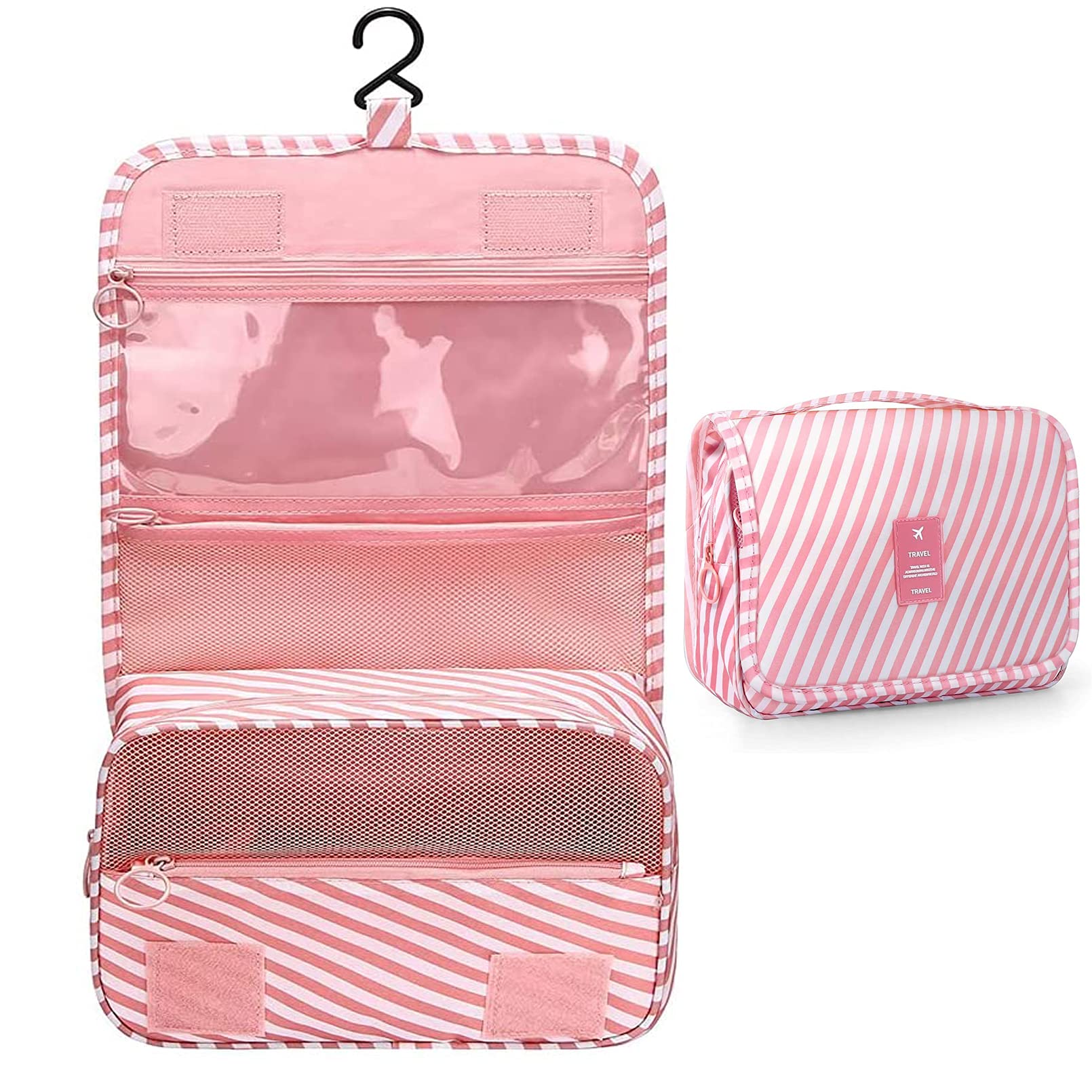 Premium Hanging Toiletry Bag for Women - Waterproof Travel Makeup Organizer with Hook, Cosmetic & Shower Bag for Bathroom Essentials (Pink Stripes) | Ideal for Travel, Gym, Camping & Daily Use