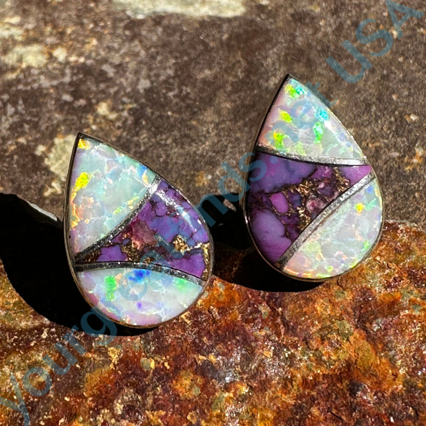 Opal & Mojave Purple Turquoise Sterling Silver Stud Earrings for Women | Dainty Pierced Post Jewelry for Everyday Wear & Special Occasions