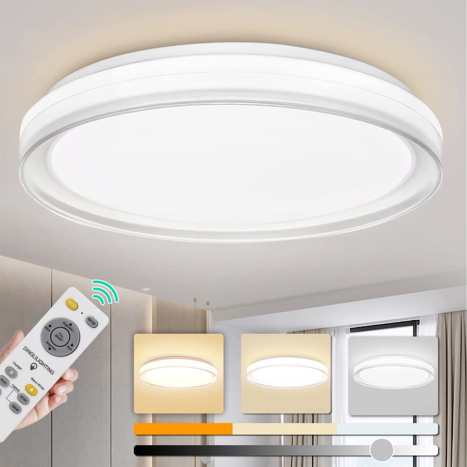 48W Modern Dimmable LED Flush Mount Ceiling Light with Remote Control - 18.9 Inch Round Close to Ceiling Fixture for Bedroom, Living Room, Dining Room - Energy Saving Bright Lighting for Home & Office Spaces