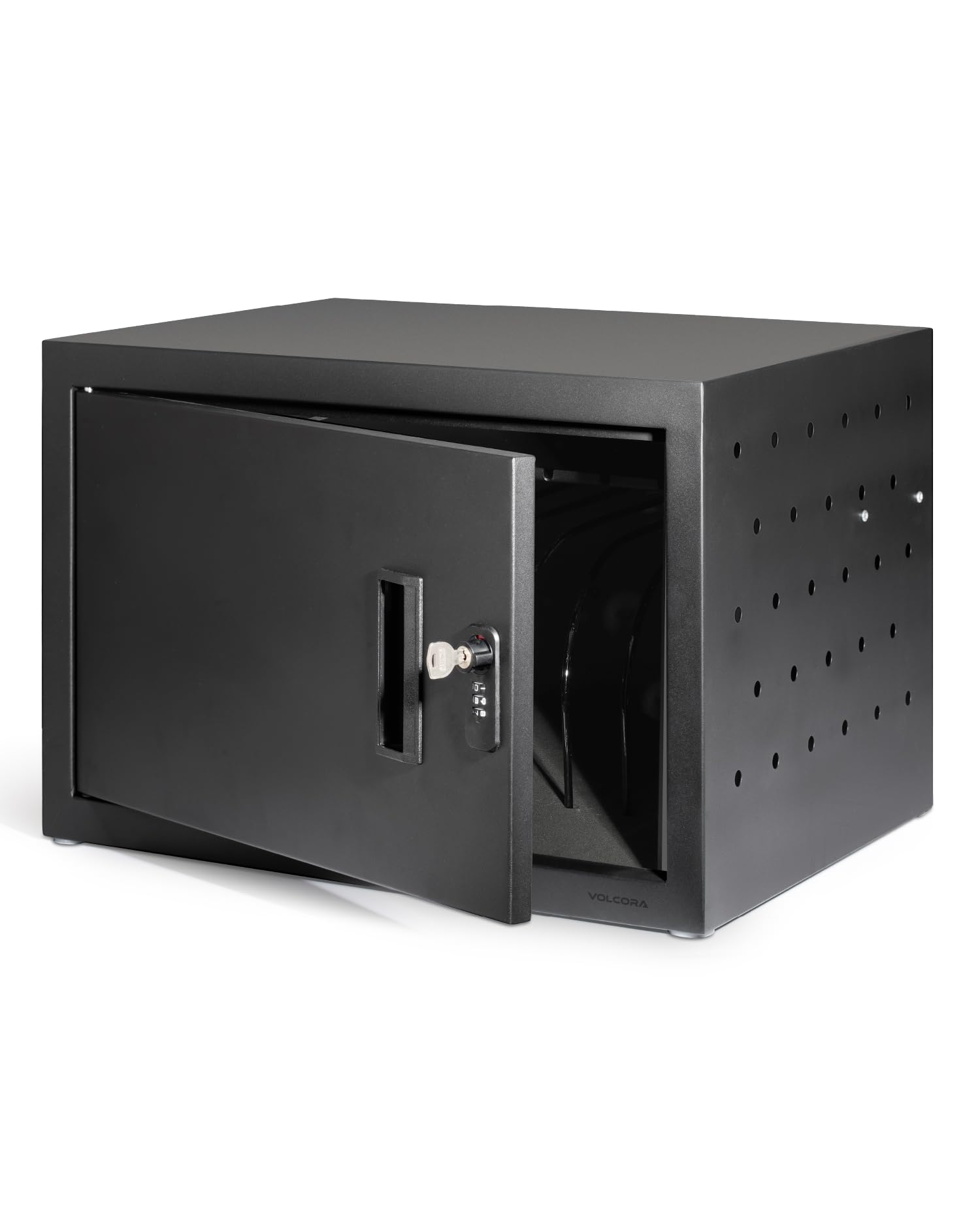 Volcora 12 Device Wall Mount Charging Cabinet - Secure Laptop, Tablet, Chromebook & iPad Charging Station with Key Lock, Surge Protection & Cable Management - Ideal for Classroom, School, Office & Home Use - Black