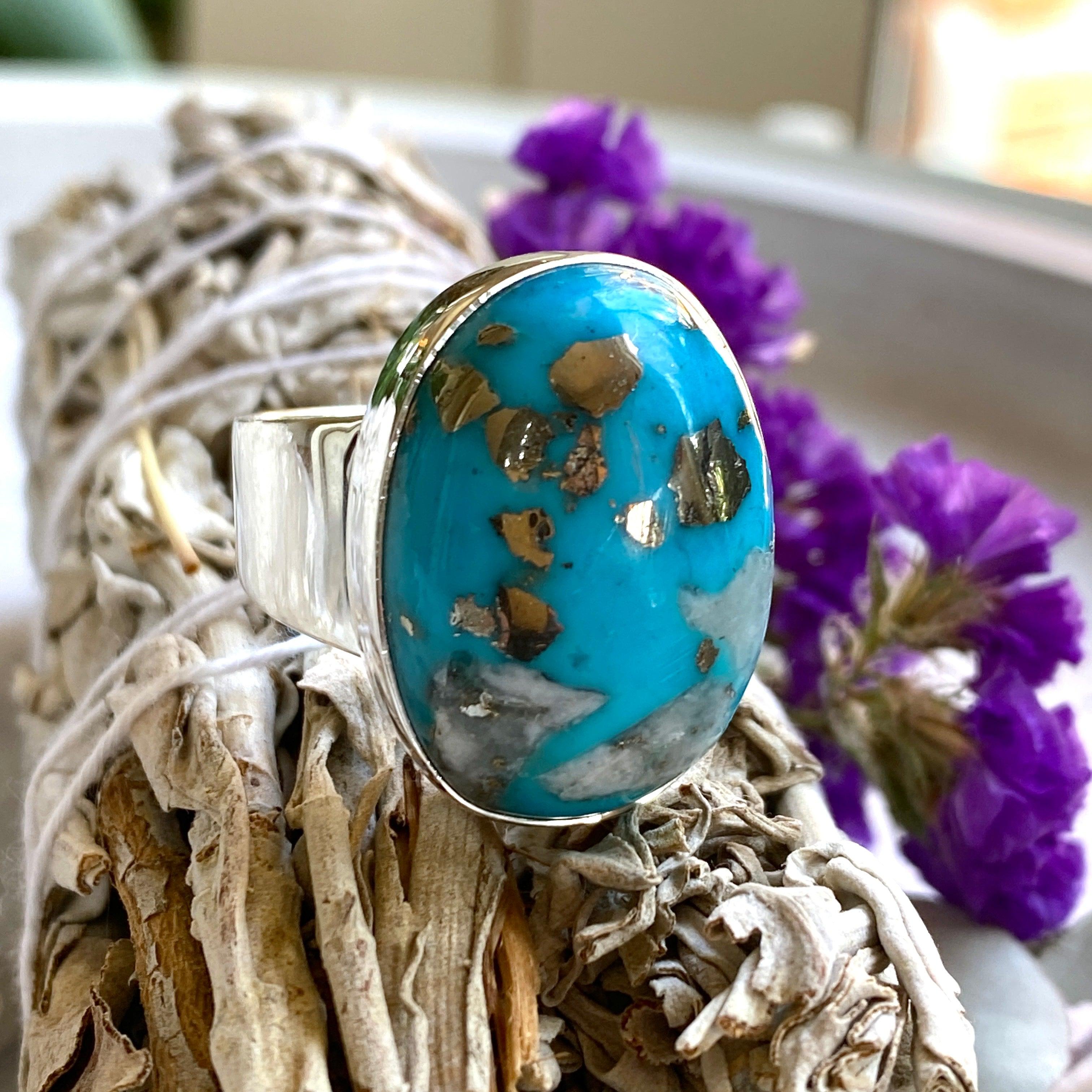 Persian Turquoise with Pyrite Oval Ring - Size 13 - KRGJ2518 - Elegant Jewelry for Women, Perfect for Weddings, Parties & Special Occasions