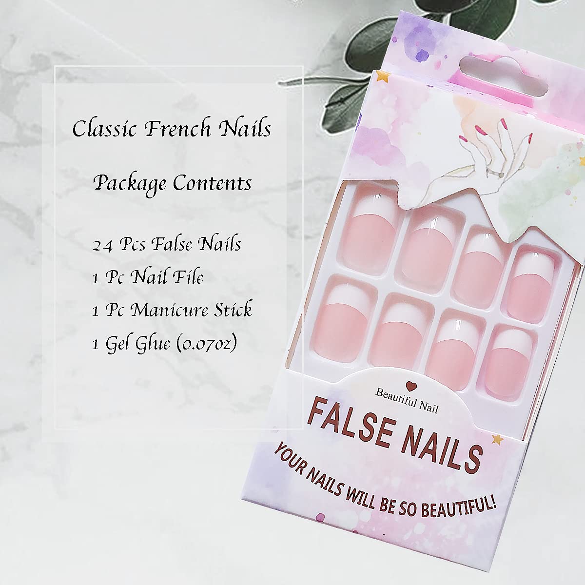 Synaty 24PCS Everlasting French Artificial Nails Set - Short Oval Press on Nails with Glue, Reusable Fake Nails for Women, Perfect for Weddings, Parties & Daily Wear
