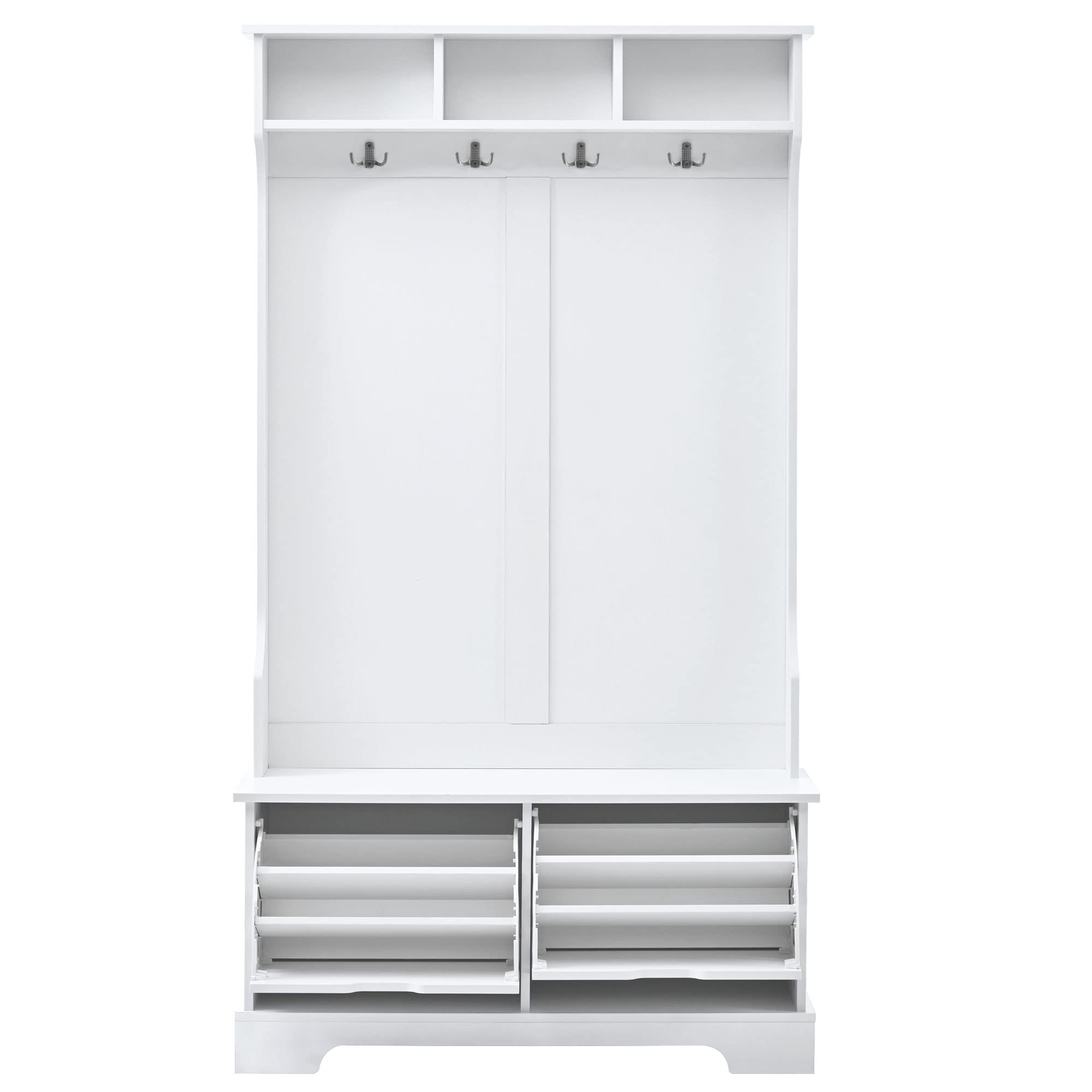 Polibi Hall Tree with 2 Flip Shoe Storage Drawers, 4 Metal Hooks, 3 Top Shelves & Entryway Bench - White Coat Rack for Living Room, Bedroom & Hallway Organization | Perfect for Small Spaces & Home Entry Storage