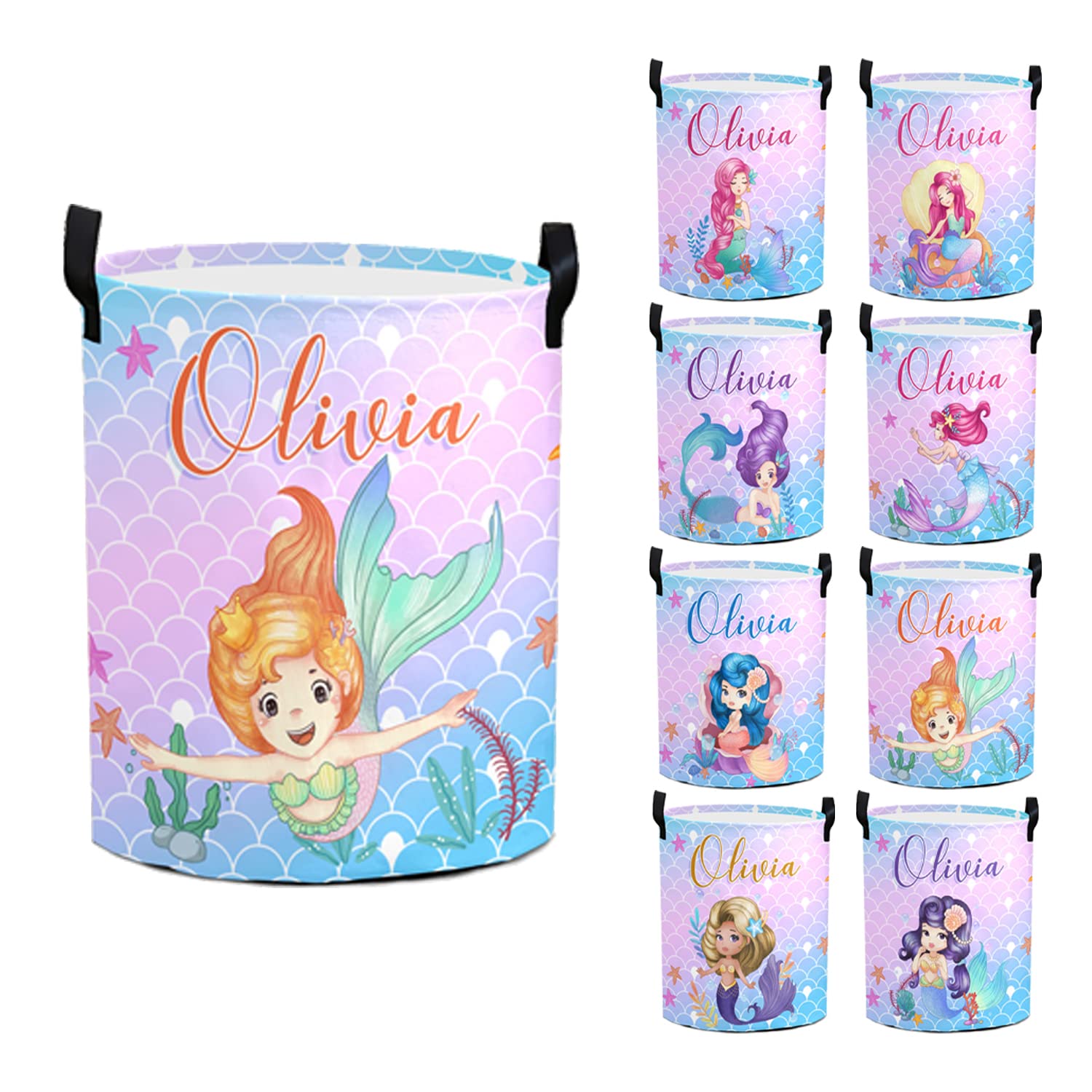 **Personalized Mermaid Laundry Basket for Girls - Custom Name Kids Laundry Hamper, Baby Clothes Organizer (Style 02) - Perfect for Bedroom, Nursery, and Playroom Storage**