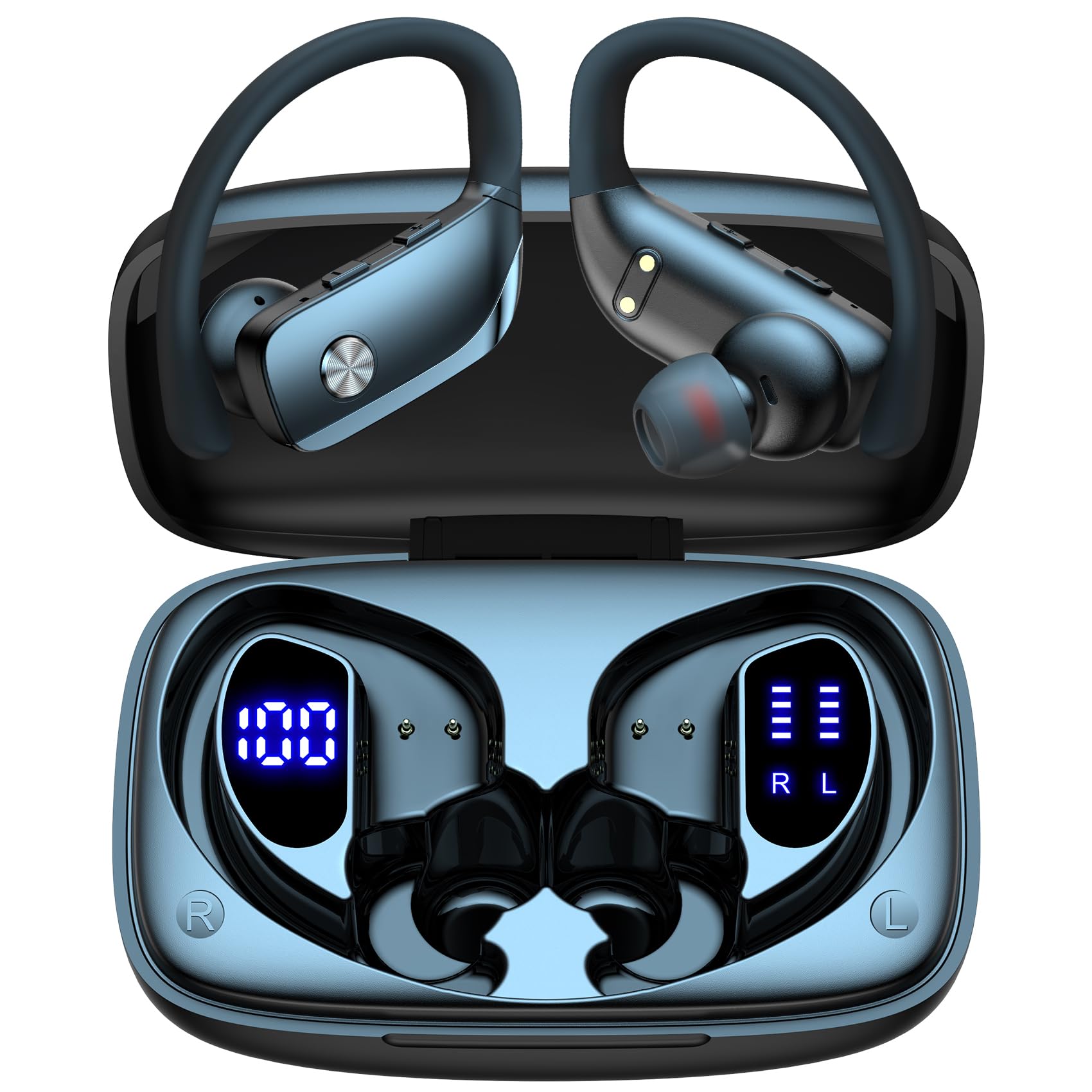 Bmani Wireless Bluetooth Earbuds - 48H Playback Sports Earphones with LED Display, Over-Ear Hooks & Built-in Mic - Perfect for Workouts, Running & Gym - Black